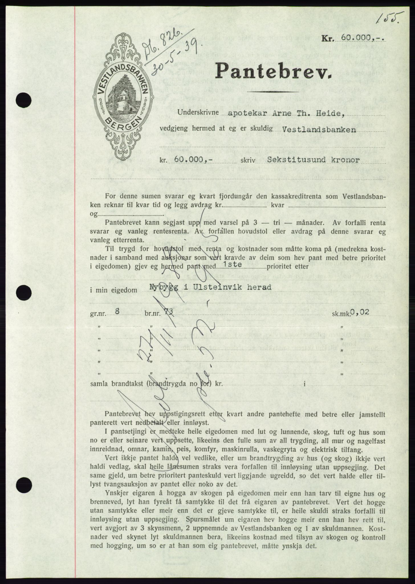 Søre Sunnmøre sorenskriveri, AV/SAT-A-4122/1/2/2C/L0068: Mortgage book no. 62, 1939-1939, Diary no: : 826/1939