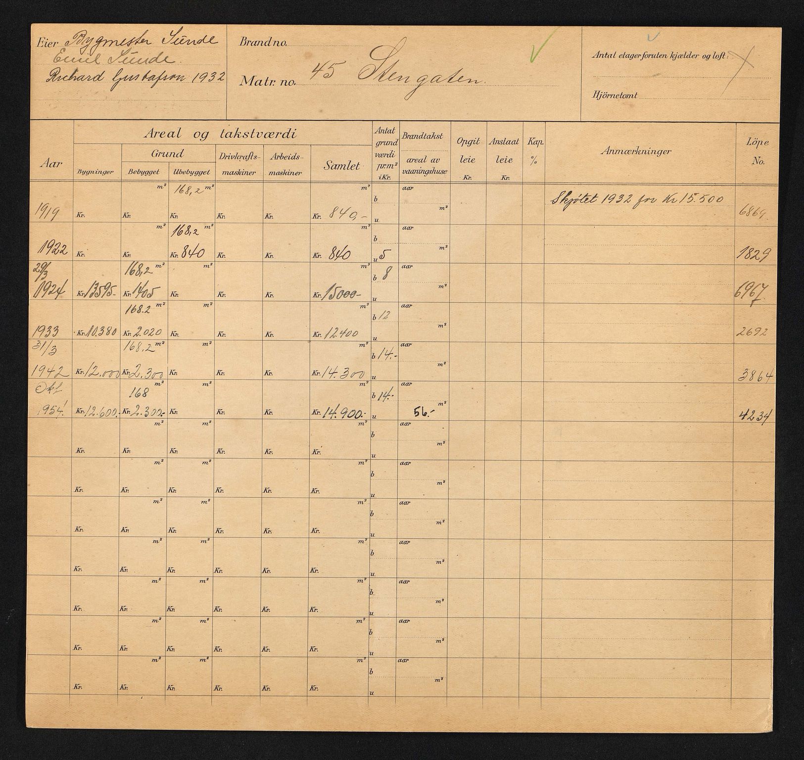 Stavanger kommune. Skattetakstvesenet, BYST/A-0440/F/Fa/Faa/L0040/0005: Skattetakstkort / Steingata 45 - 121