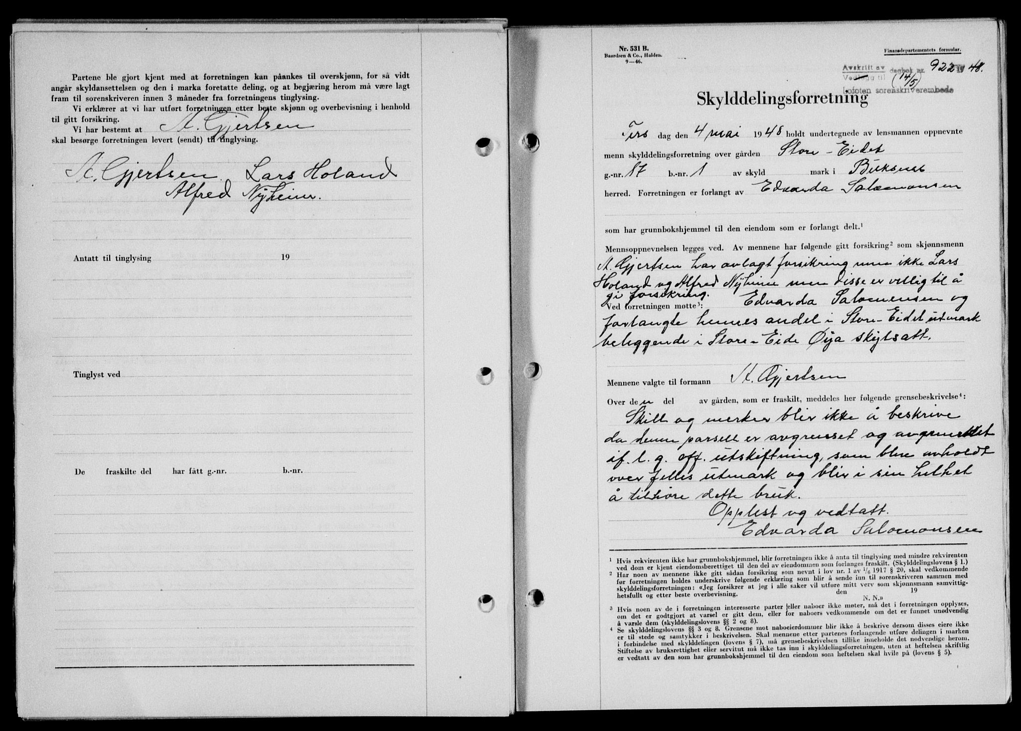 Lofoten sorenskriveri, SAT/A-0017/1/2/2C/L0018a: Mortgage book no. 18a, 1948-1948, Diary no: : 922/1948