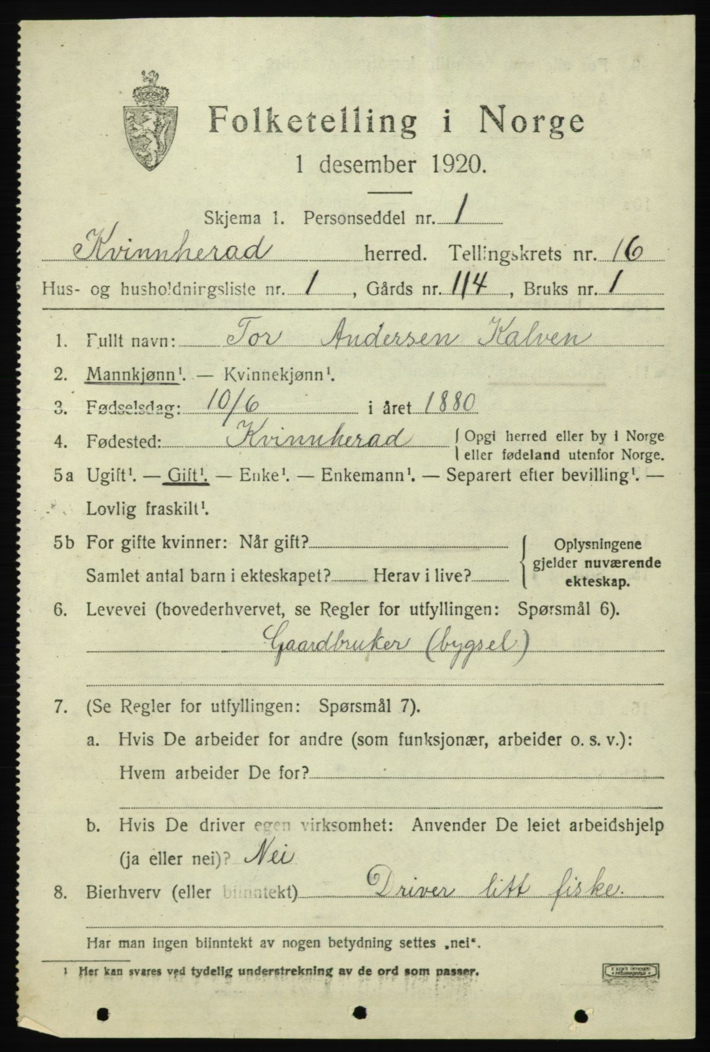 SAB, 1920 census for Kvinnherad, 1920, p. 10174