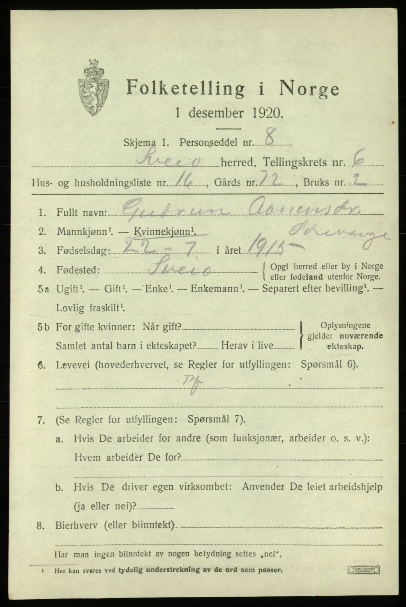 SAB, 1920 census for Sveio, 1920, p. 3120