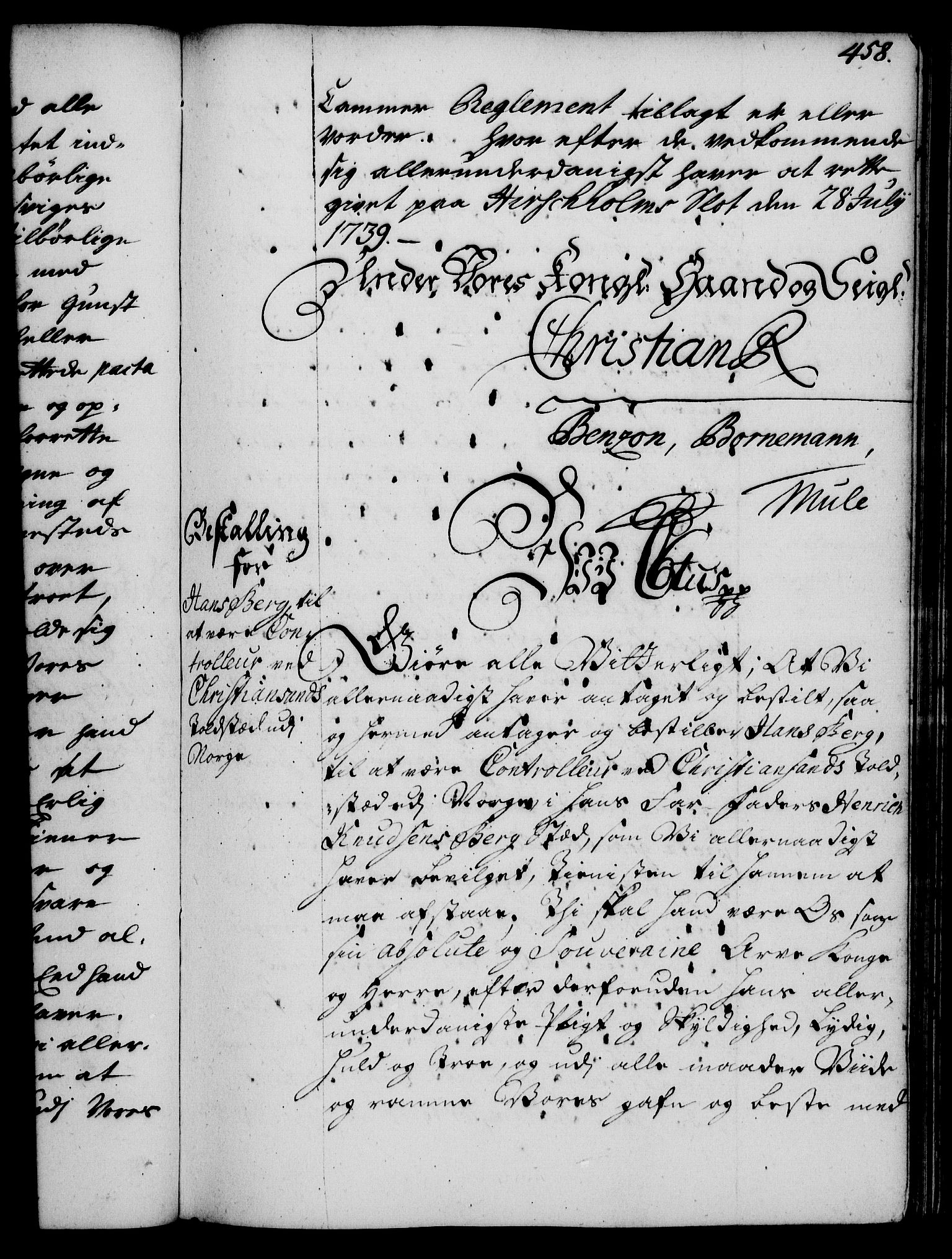 Rentekammeret, Kammerkanselliet, RA/EA-3111/G/Gg/Gge/L0002: Norsk bestallingsprotokoll med register (merket RK 53.26), 1730-1744, p. 458