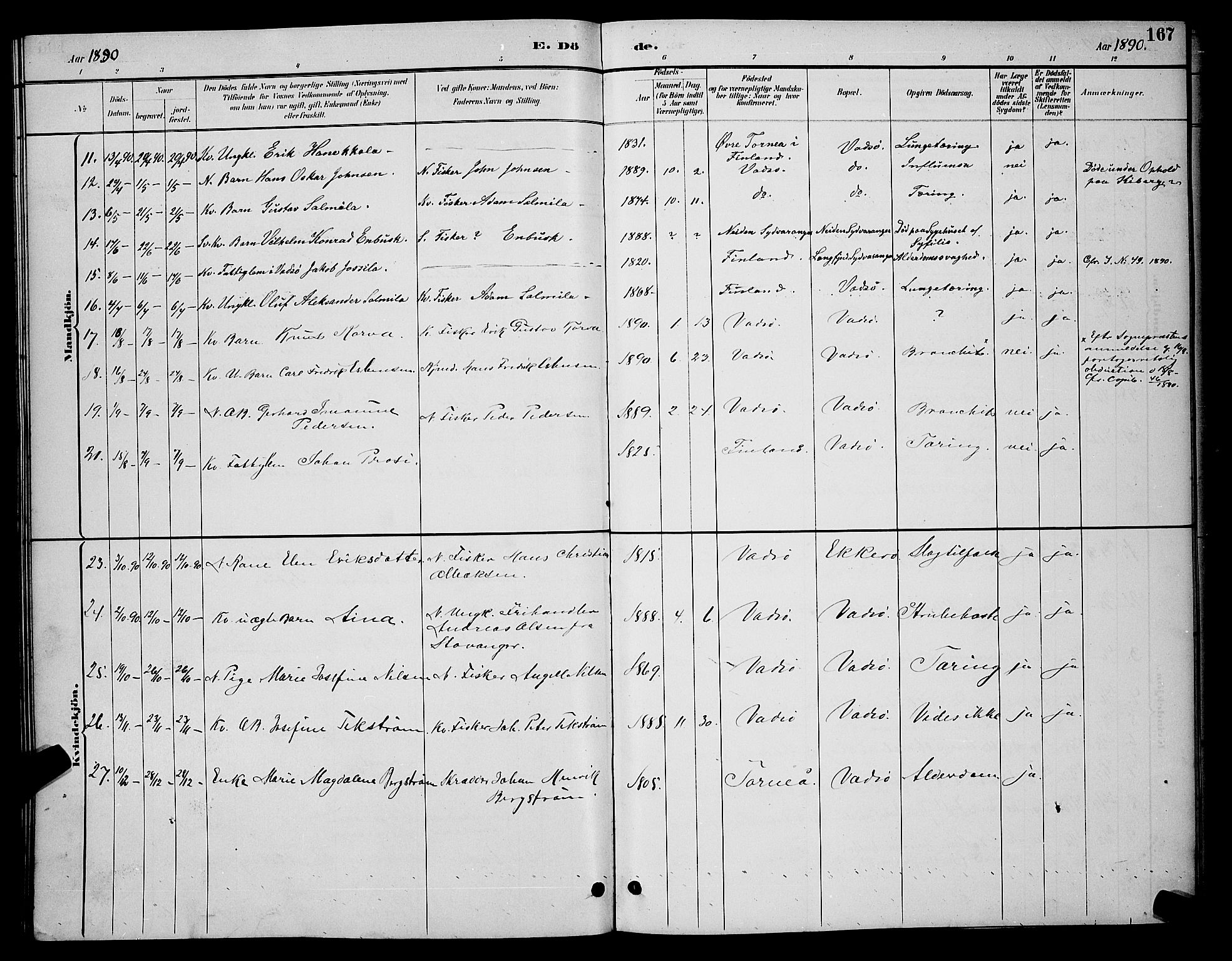 Vadsø sokneprestkontor, SATØ/S-1325/H/Hb/L0004klokker: Parish register (copy) no. 4, 1885-1895, p. 167