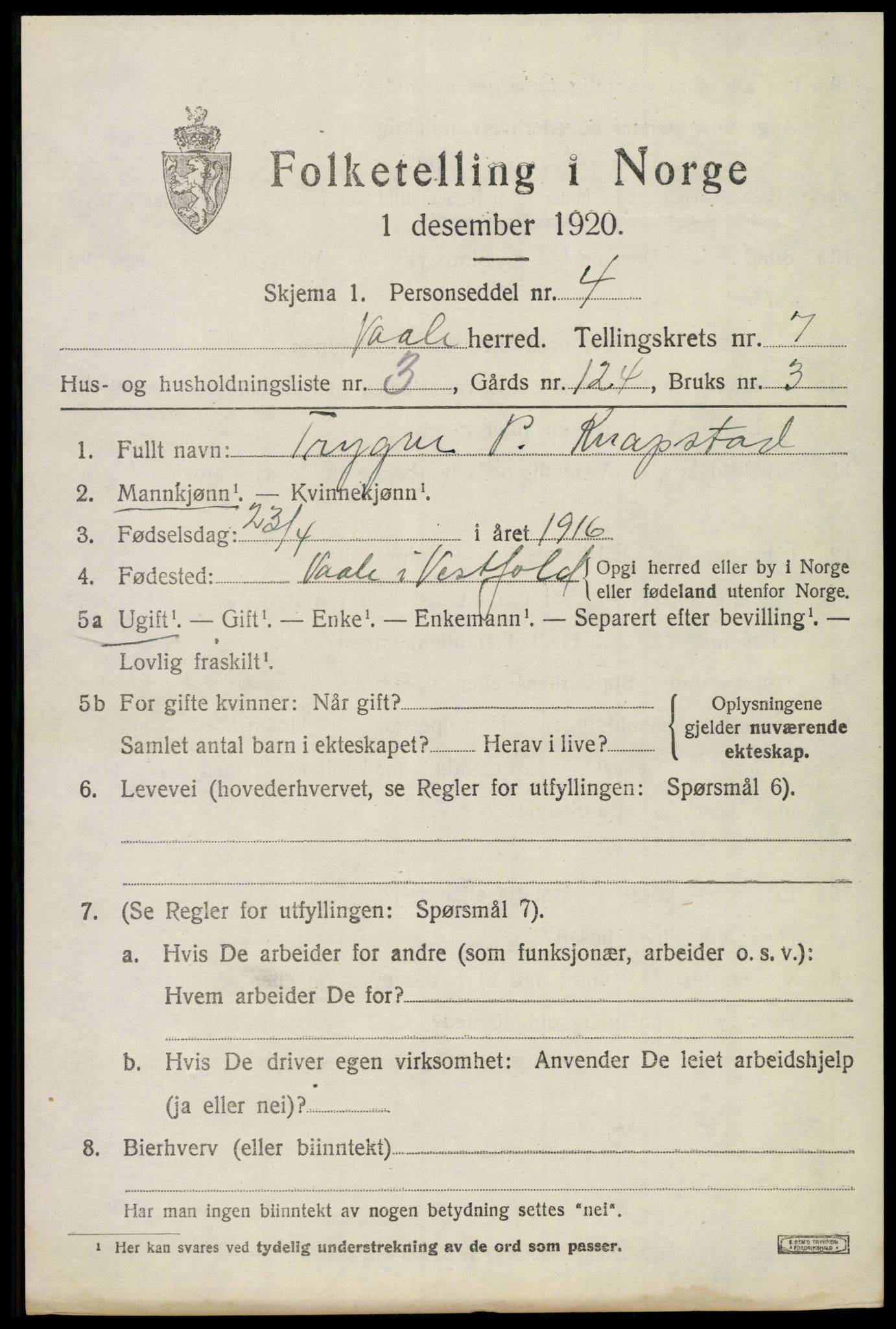 SAKO, 1920 census for Våle, 1920, p. 5526