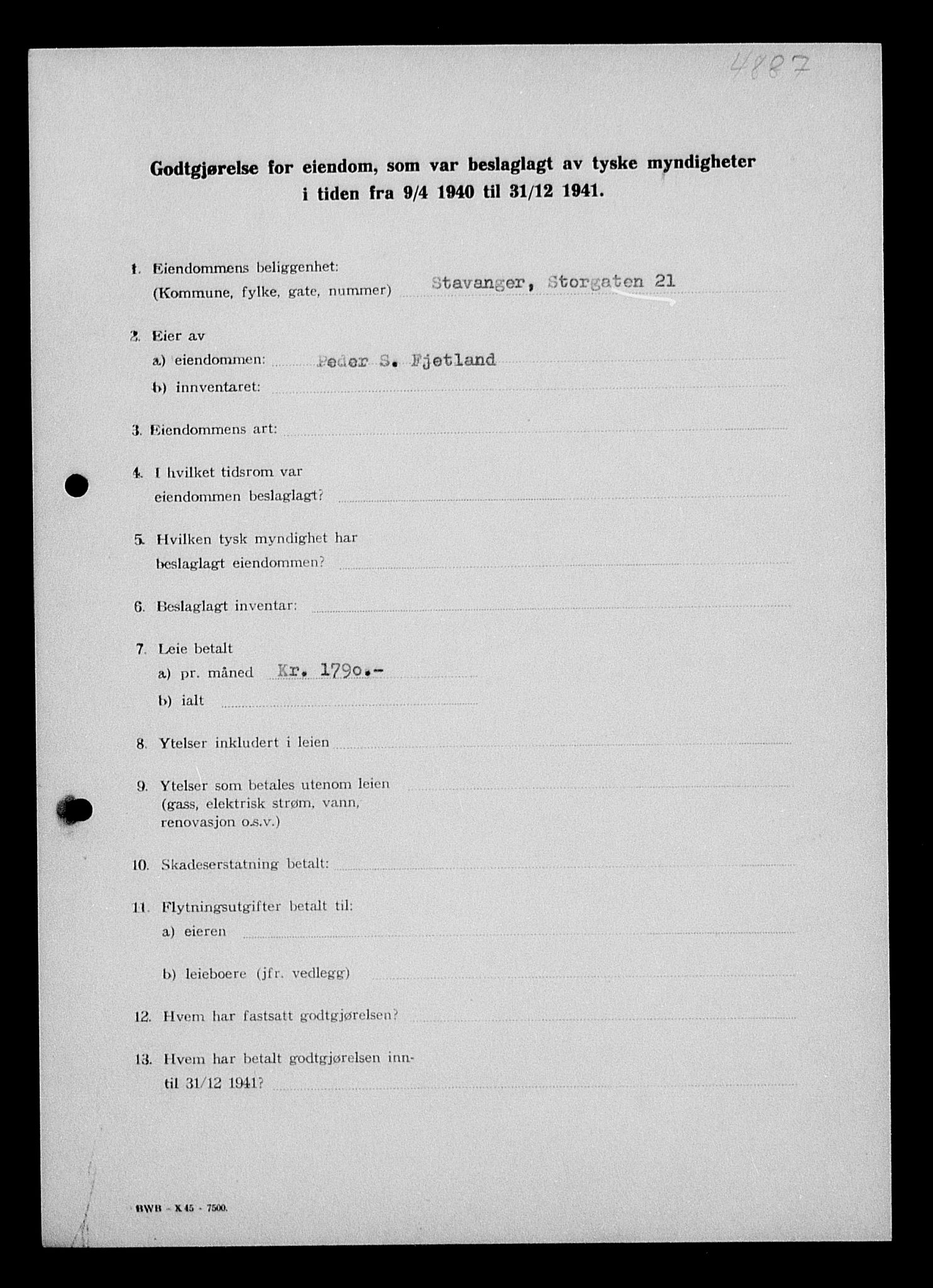 Justisdepartementet, Tilbakeføringskontoret for inndratte formuer, AV/RA-S-1564/I/L1014: Godtgjørelse for beslaglagt eiendom, 1940-1941, p. 33