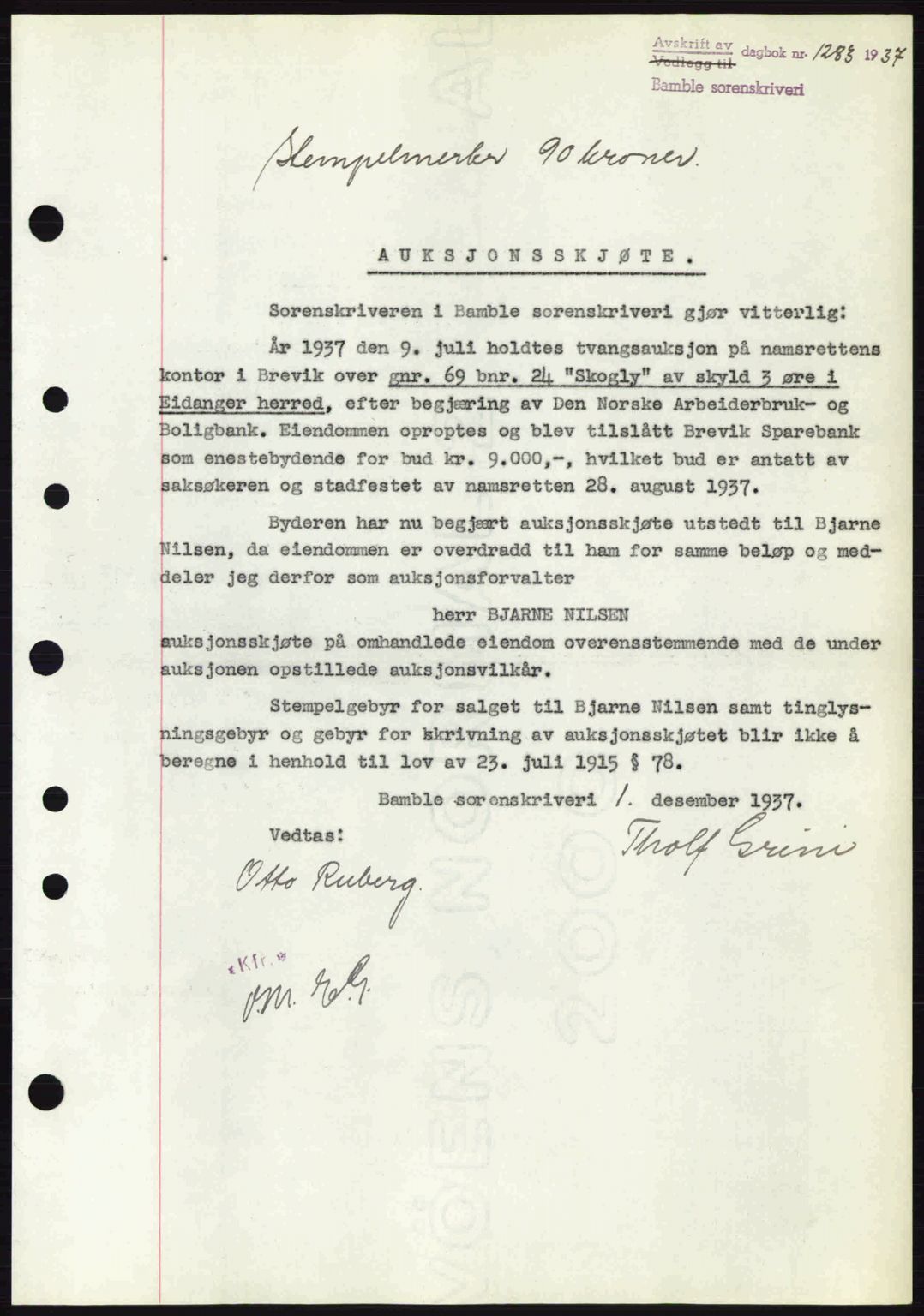 Bamble sorenskriveri, AV/SAKO-A-214/G/Ga/Gag/L0002: Mortgage book no. A-2, 1937-1938, Diary no: : 1283/1937