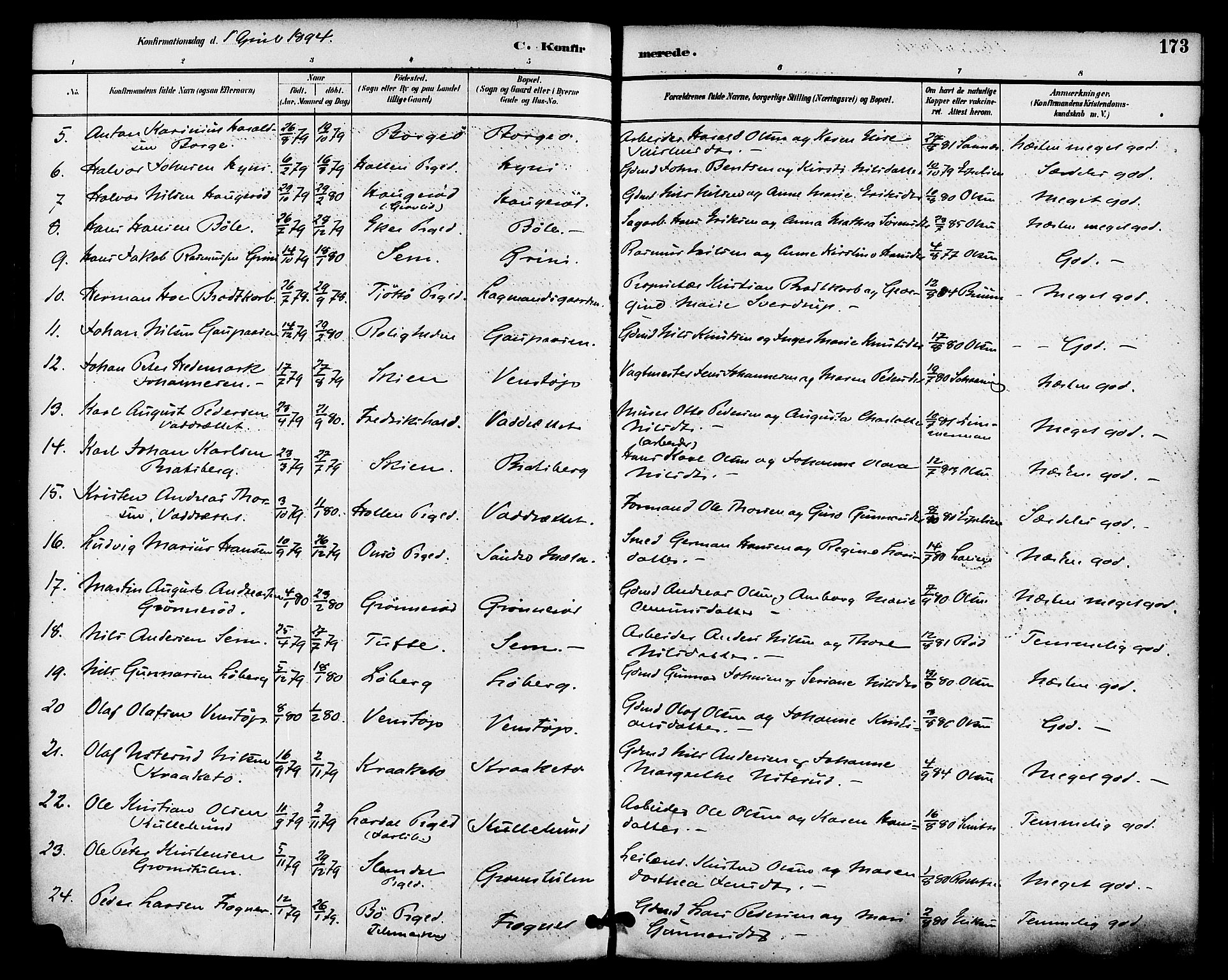 Gjerpen kirkebøker, SAKO/A-265/F/Fa/L0010: Parish register (official) no. I 10, 1886-1895, p. 173
