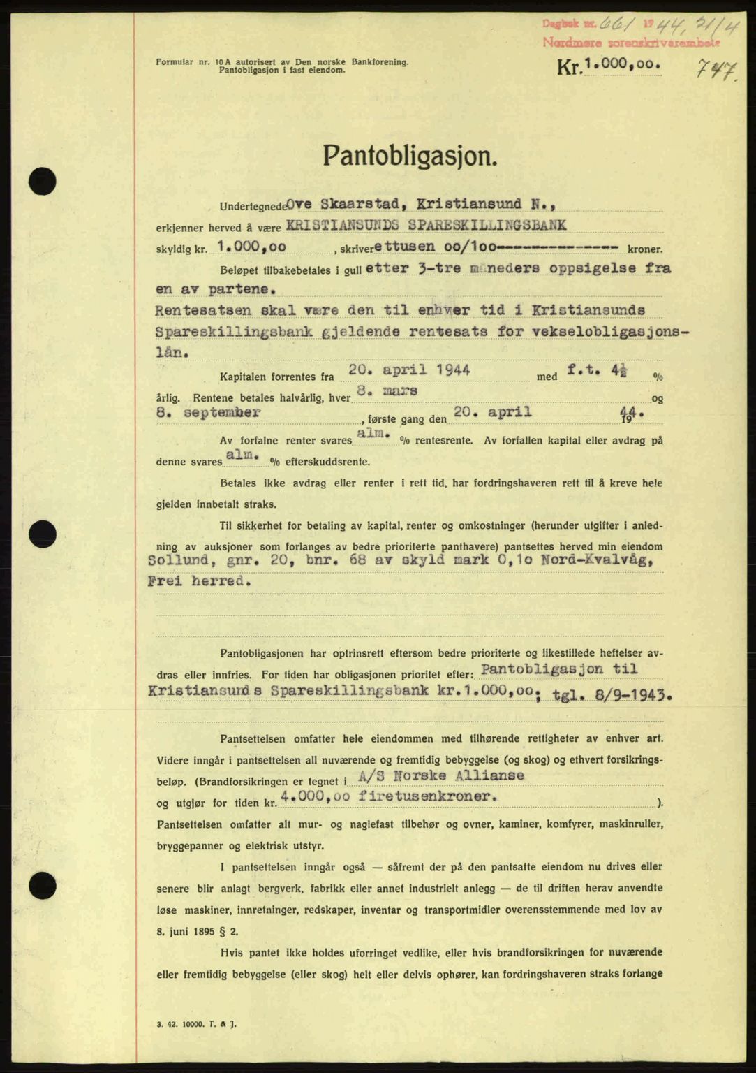 Nordmøre sorenskriveri, AV/SAT-A-4132/1/2/2Ca: Mortgage book no. B91, 1943-1944, Diary no: : 661/1944