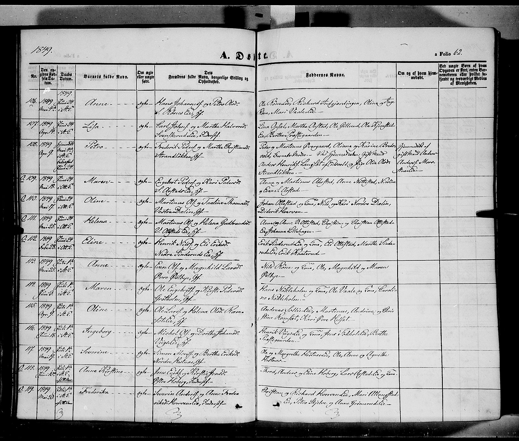 Stange prestekontor, SAH/PREST-002/K/L0011: Parish register (official) no. 11, 1846-1852, p. 62