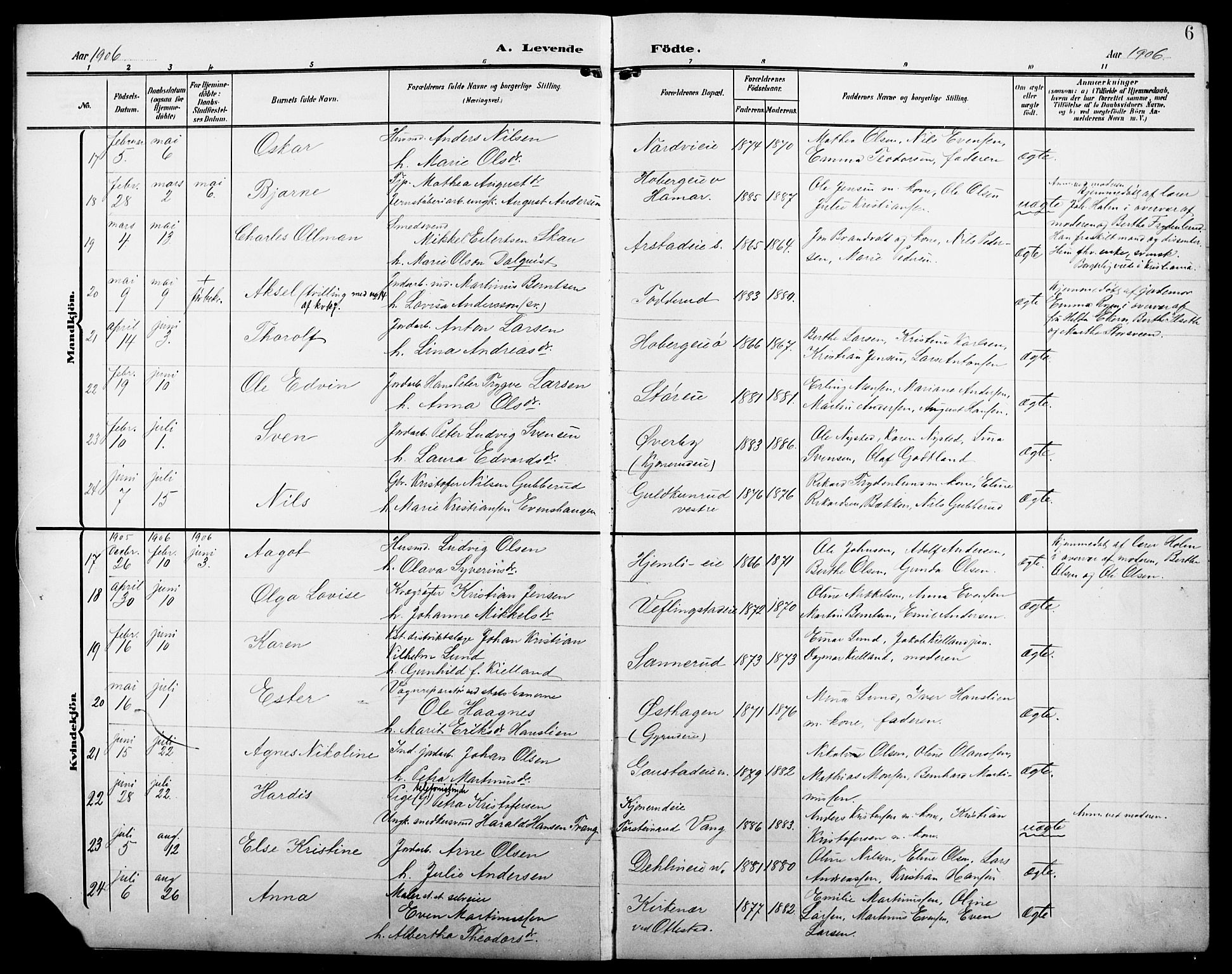 Stange prestekontor, AV/SAH-PREST-002/L/L0013: Parish register (copy) no. 13, 1906-1915, p. 6