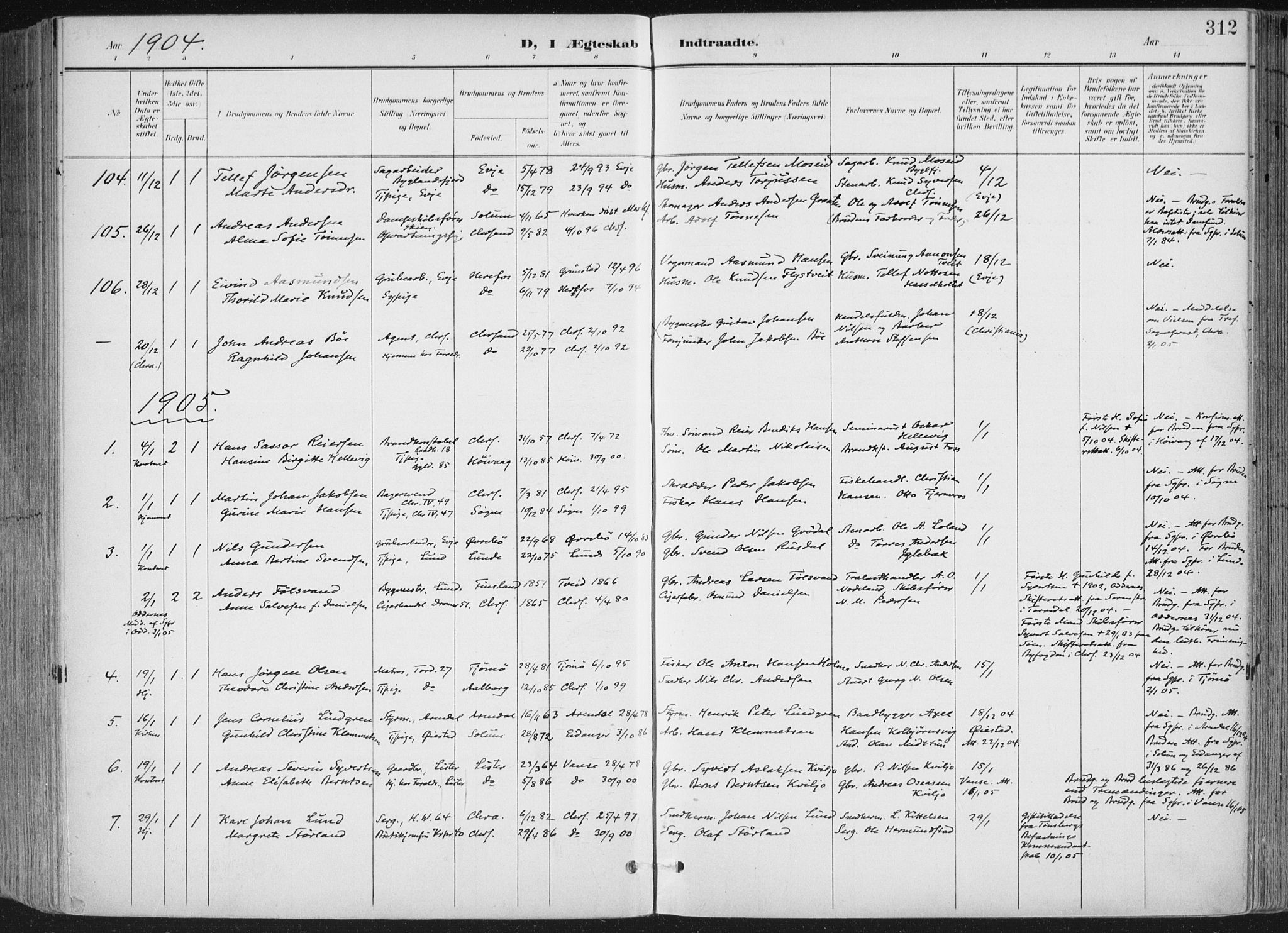 Kristiansand domprosti, AV/SAK-1112-0006/F/Fa/L0021: Parish register (official) no. A 20, 1898-1908, p. 312