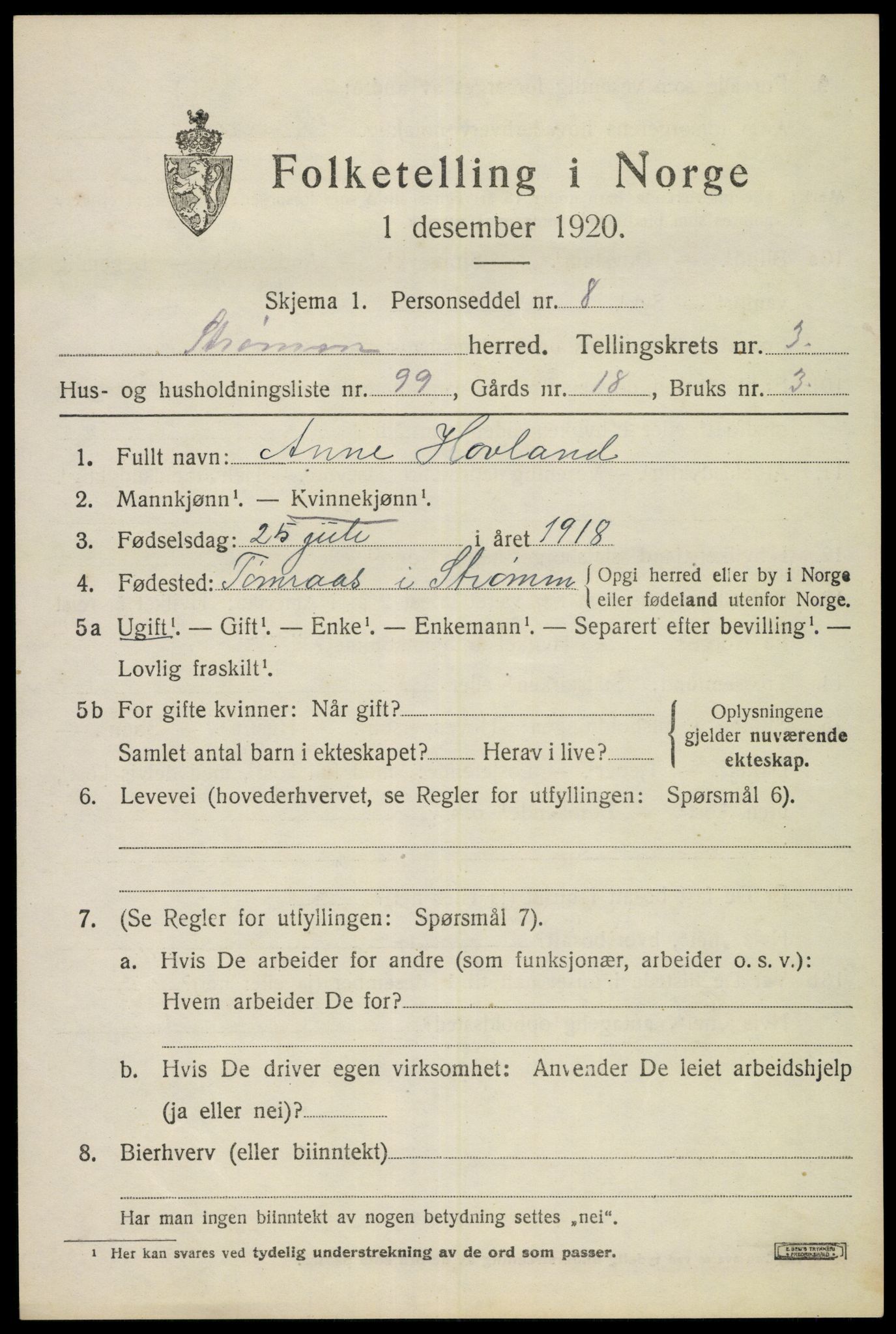 SAKO, 1920 census for Strømm, 1920, p. 3137