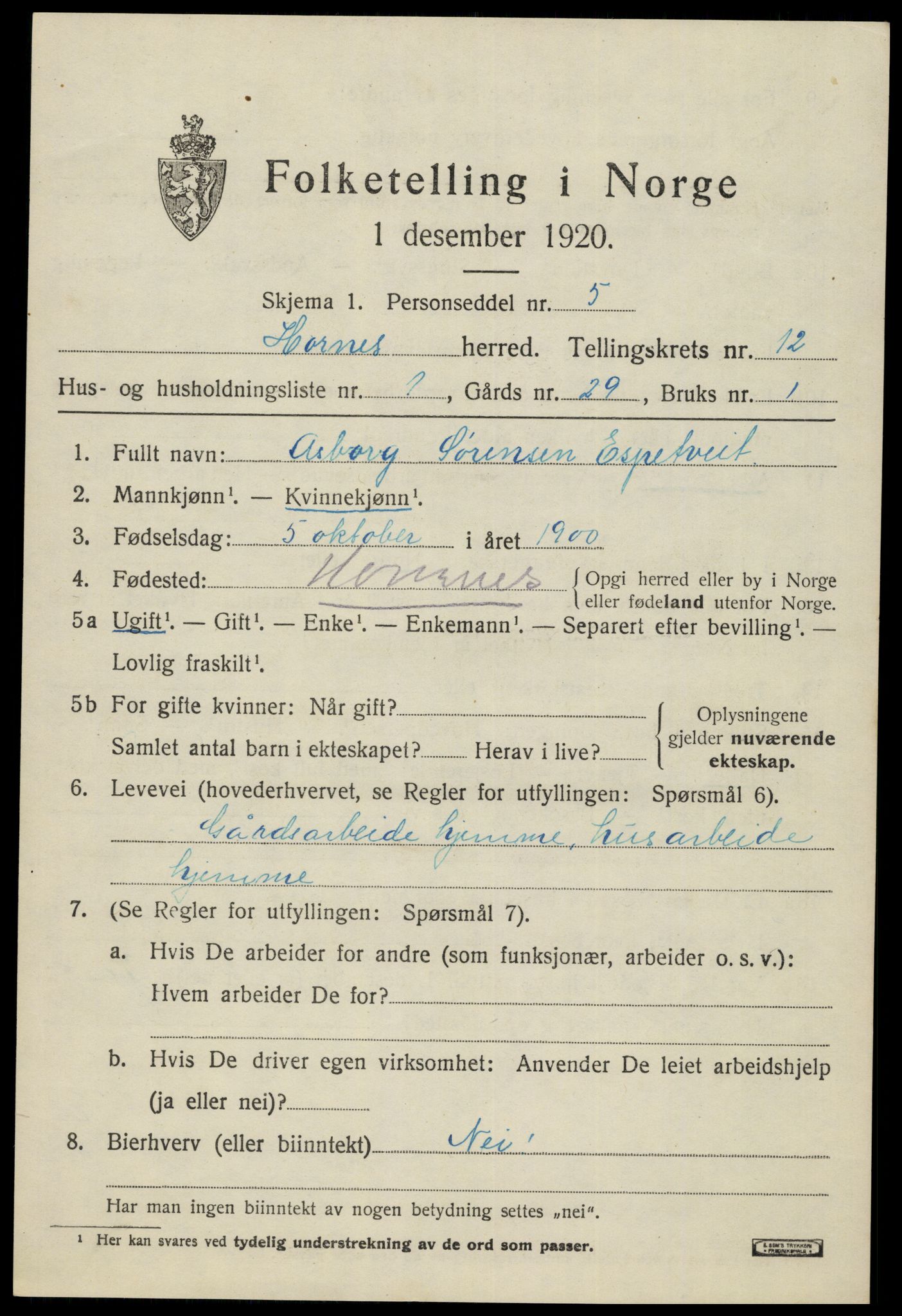 SAK, 1920 census for Hornnes, 1920, p. 2885