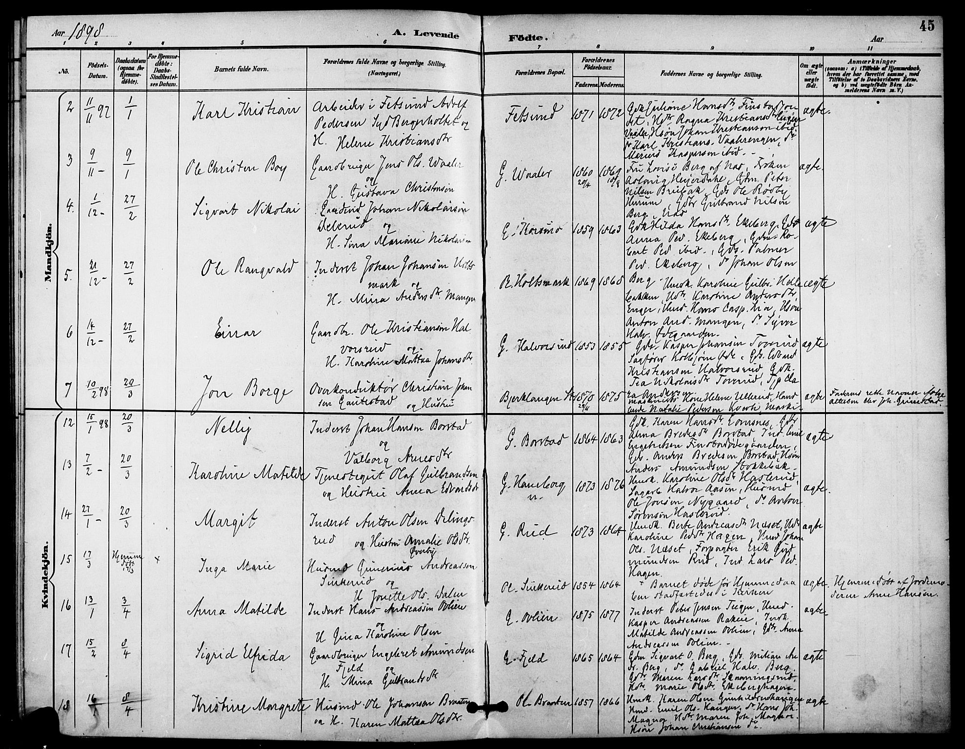 Aurskog prestekontor Kirkebøker, AV/SAO-A-10304a/F/Fa/L0009: Parish register (official) no. I 9, 1891-1898, p. 45