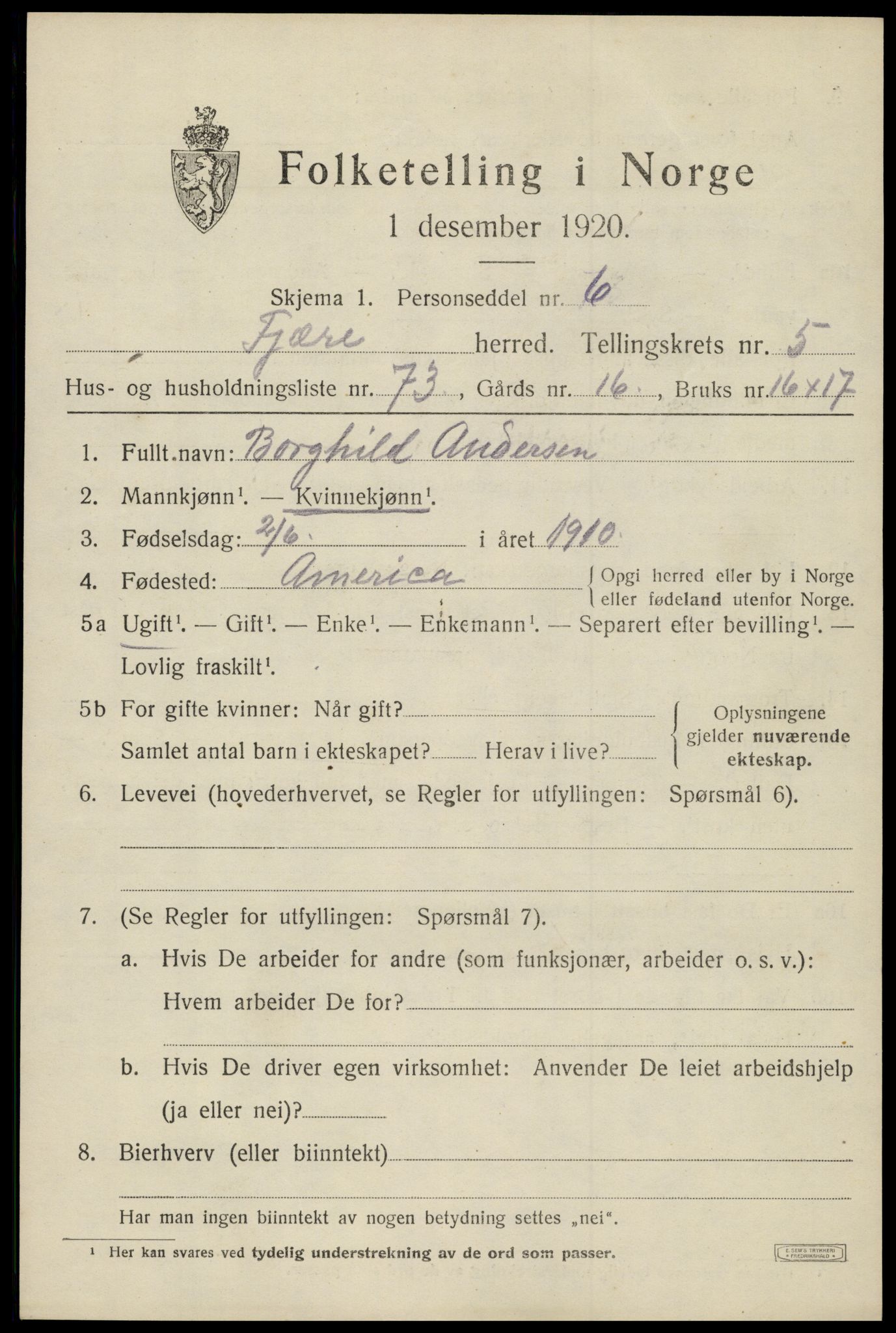 SAK, 1920 census for Fjære, 1920, p. 8109