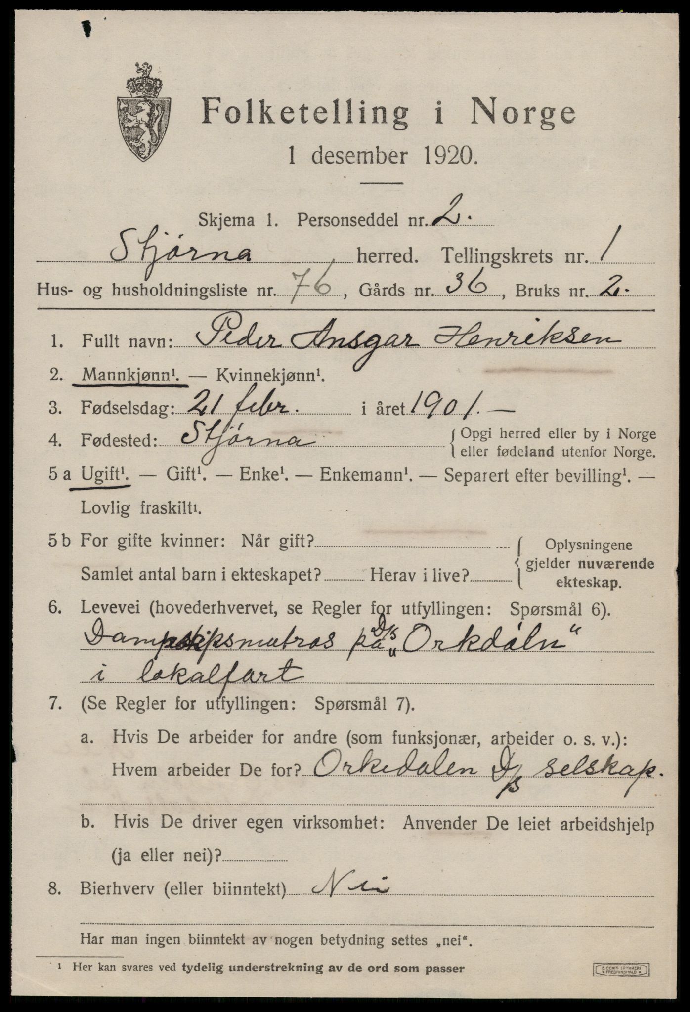 SAT, 1920 census for Stjørna, 1920, p. 1778