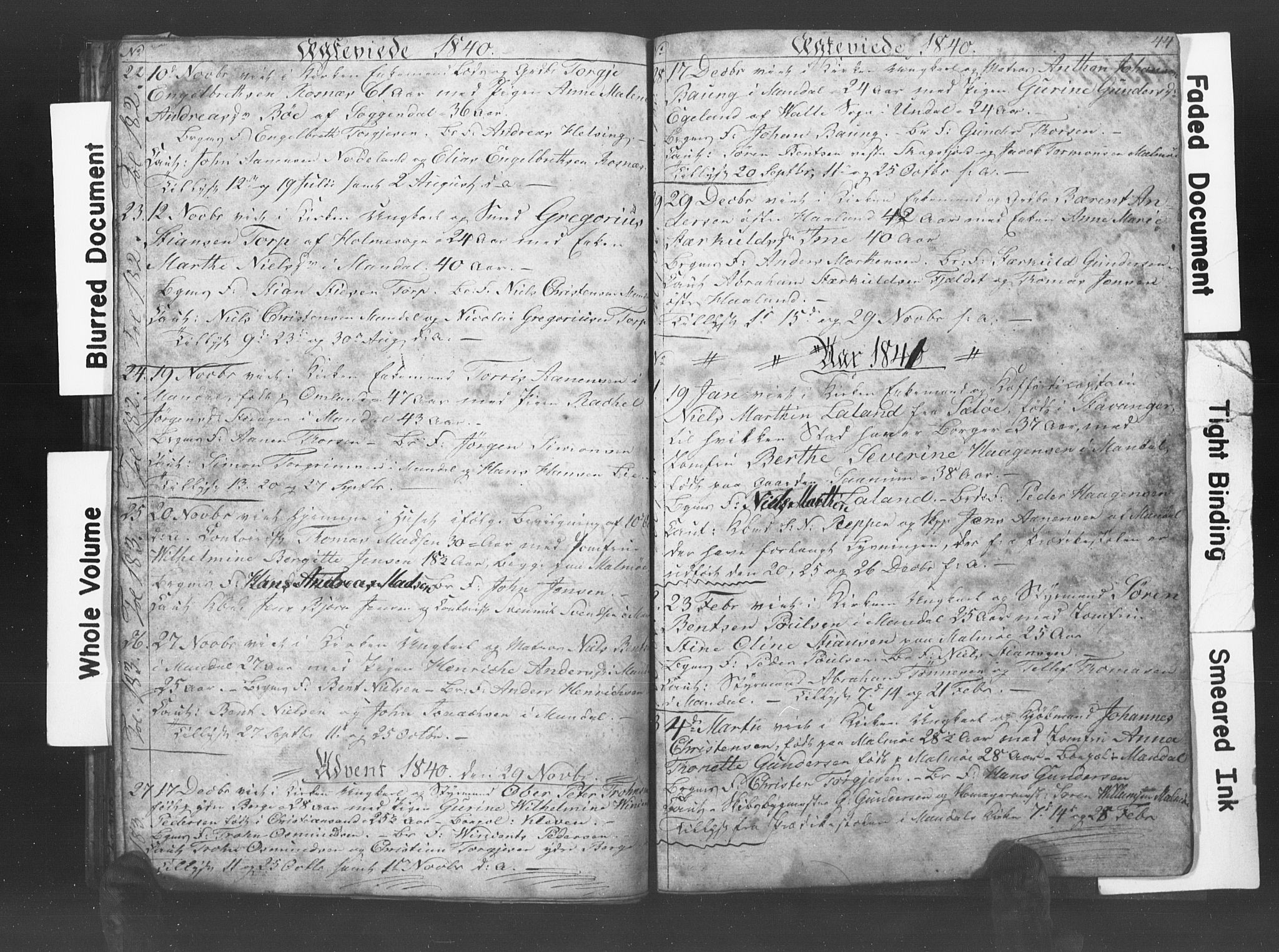 Mandal sokneprestkontor, SAK/1111-0030/F/Fb/Fba/L0004: Parish register (copy) no. B 1D, 1838-1841, p. 44