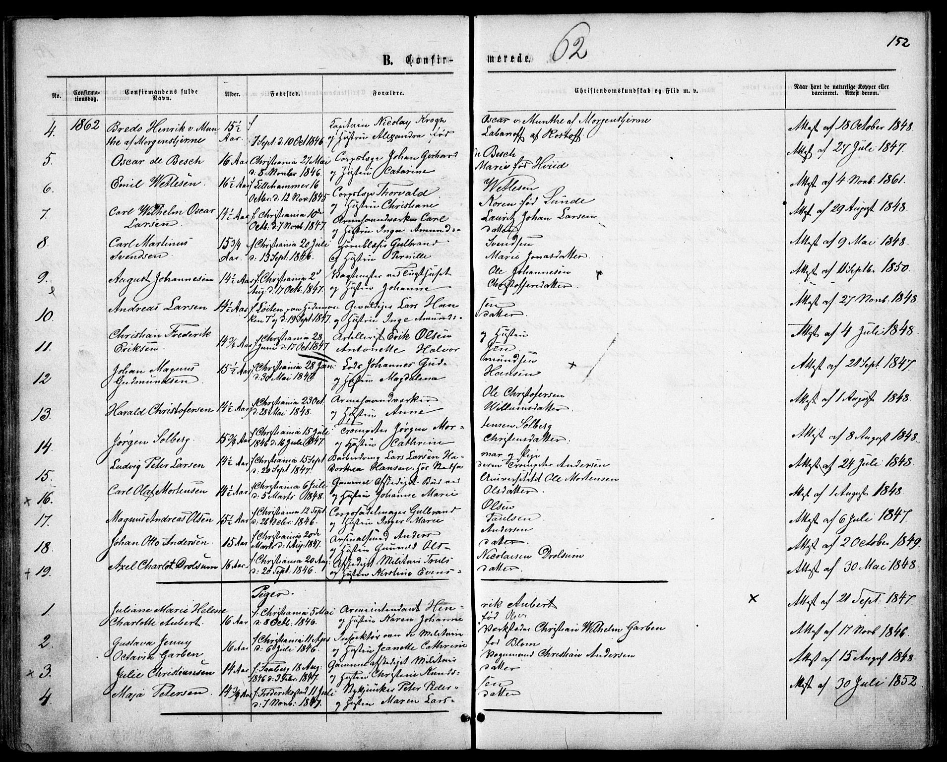 Garnisonsmenigheten Kirkebøker, AV/SAO-A-10846/F/Fa/L0010: Parish register (official) no. 10, 1859-1869, p. 152