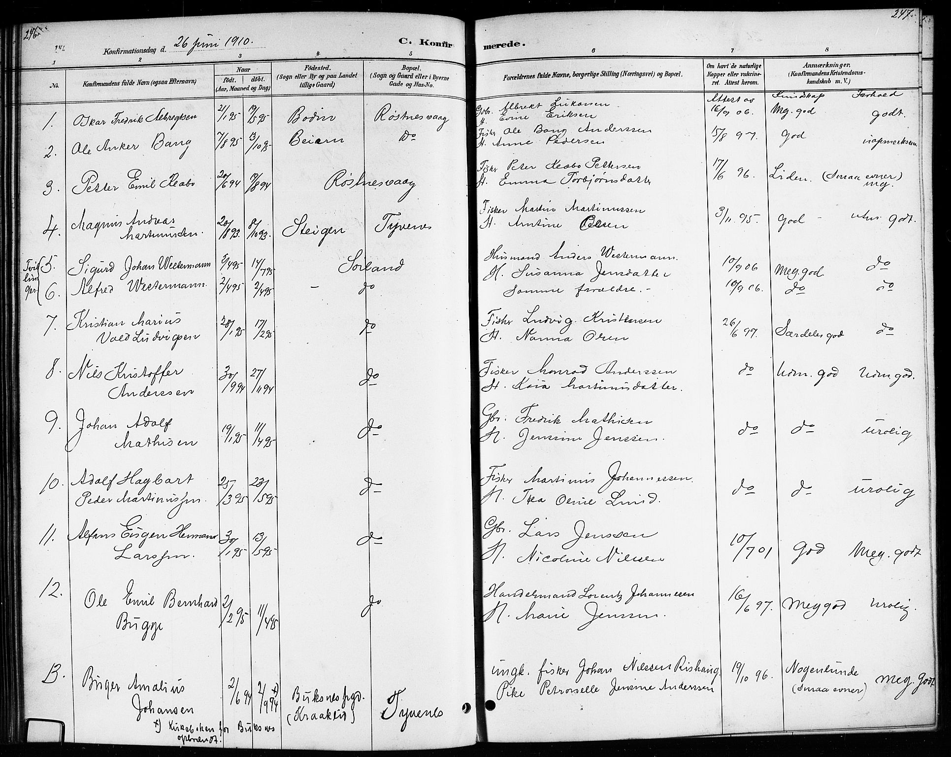 Ministerialprotokoller, klokkerbøker og fødselsregistre - Nordland, AV/SAT-A-1459/807/L0123: Parish register (copy) no. 807C01, 1884-1910, p. 246-247