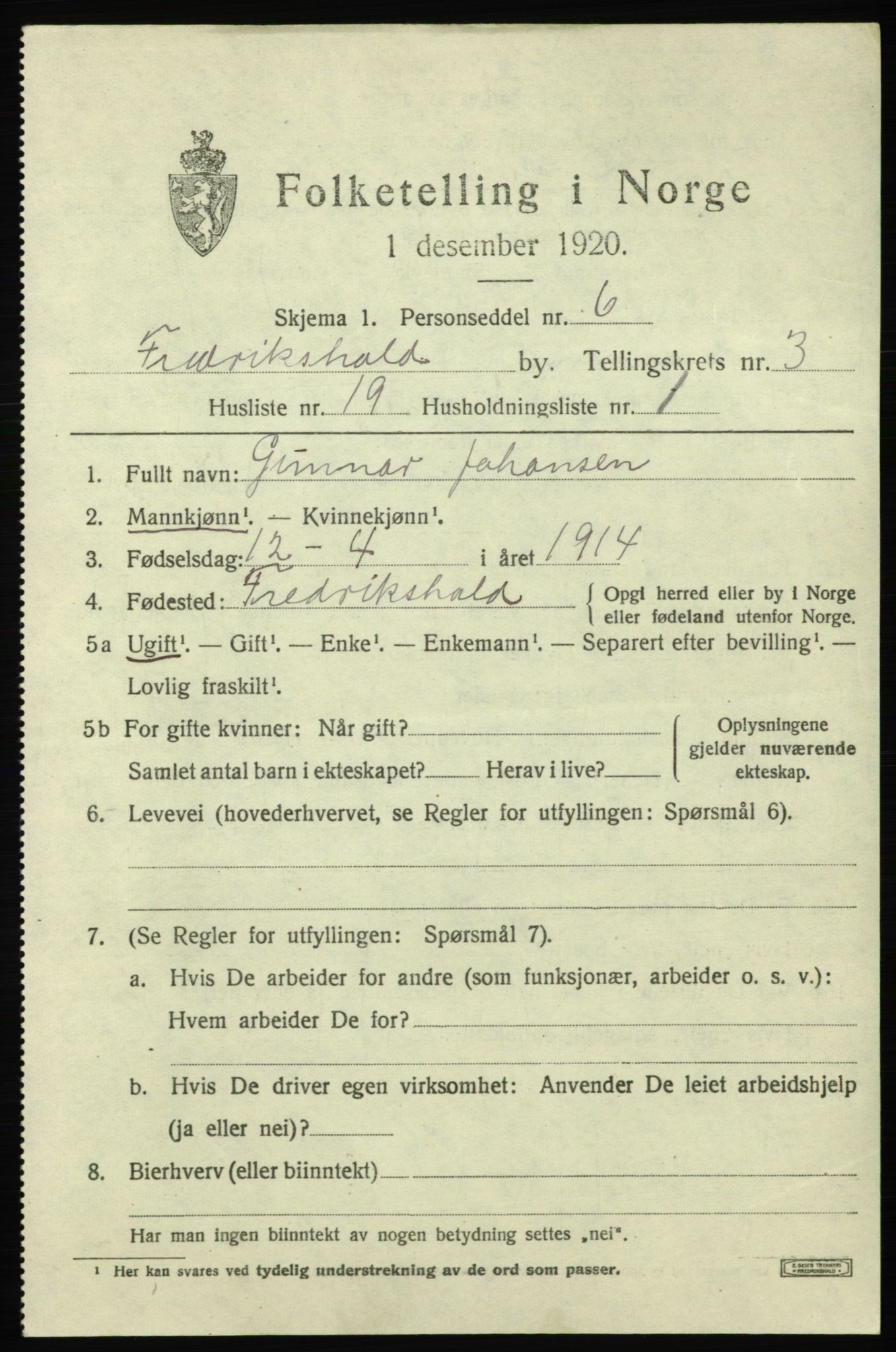 SAO, 1920 census for Fredrikshald, 1920, p. 10906