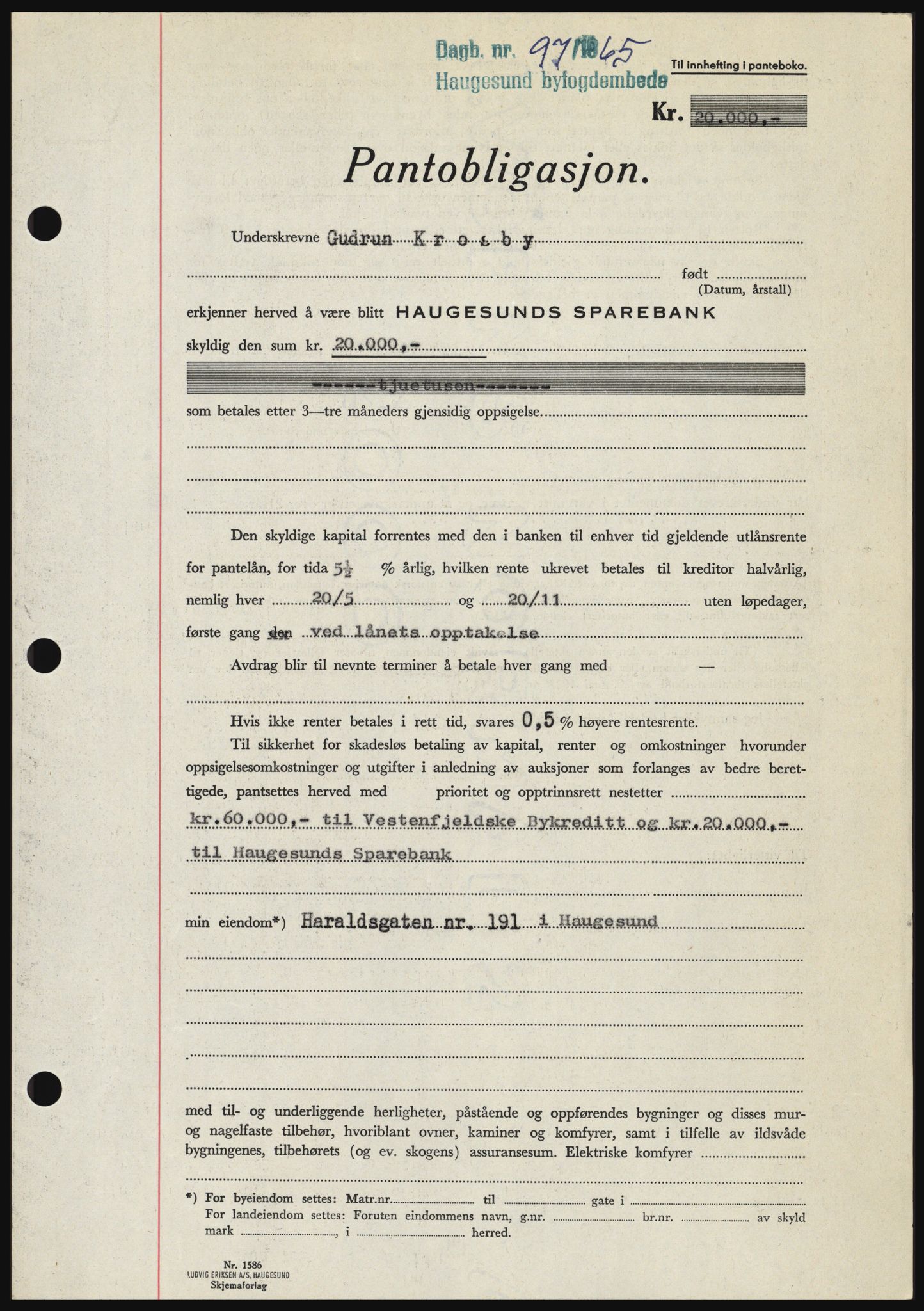 Haugesund tingrett, SAST/A-101415/01/II/IIC/L0053: Mortgage book no. B 53, 1965-1965, Diary no: : 97/1965