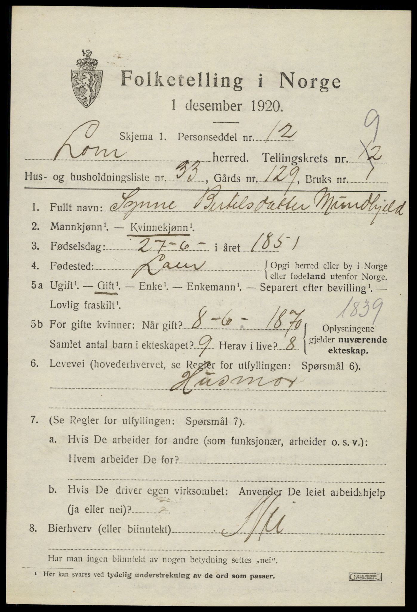 SAH, 1920 census for Lom, 1920, p. 5460