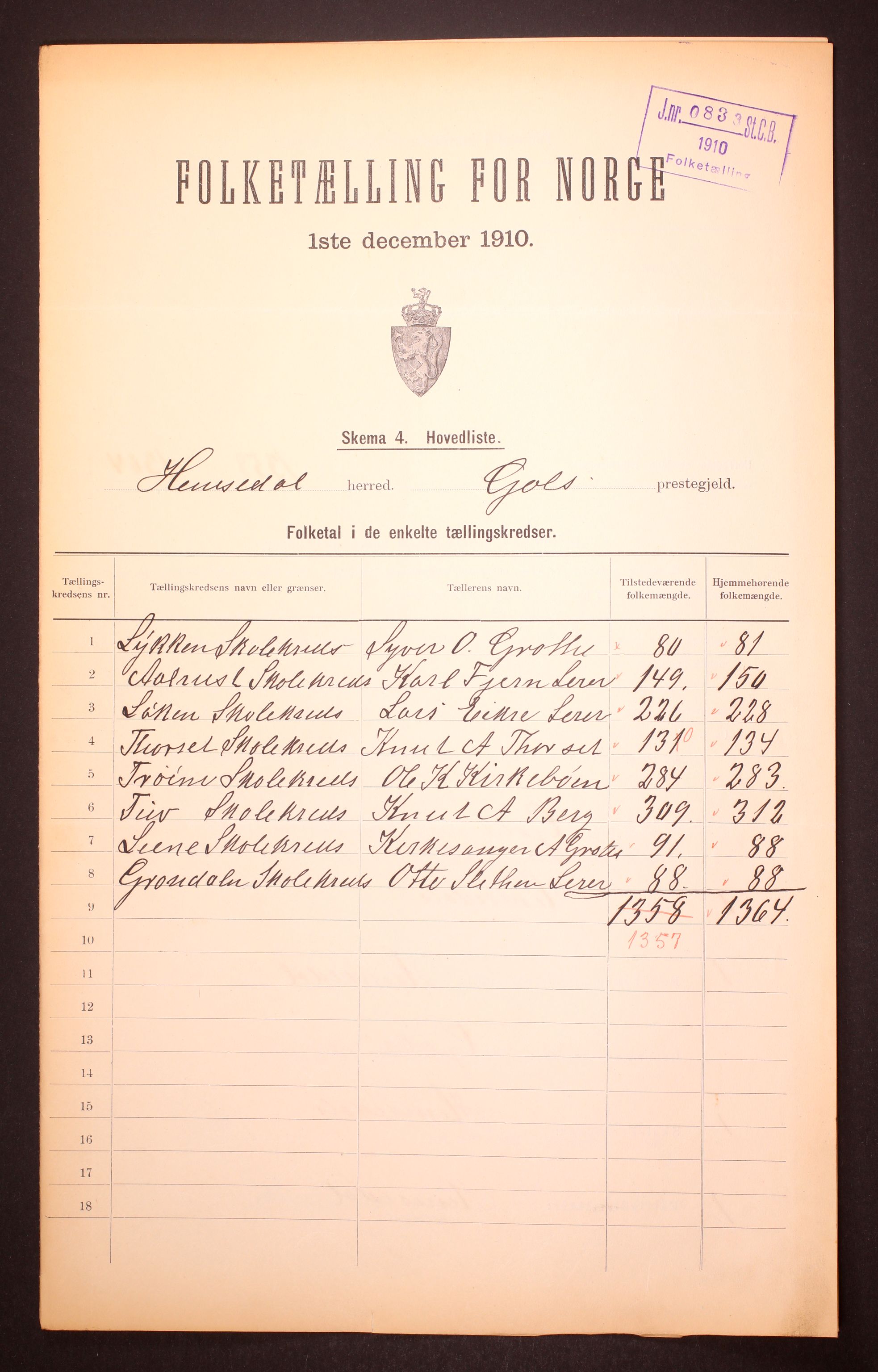 RA, 1910 census for Hemsedal, 1910, p. 2