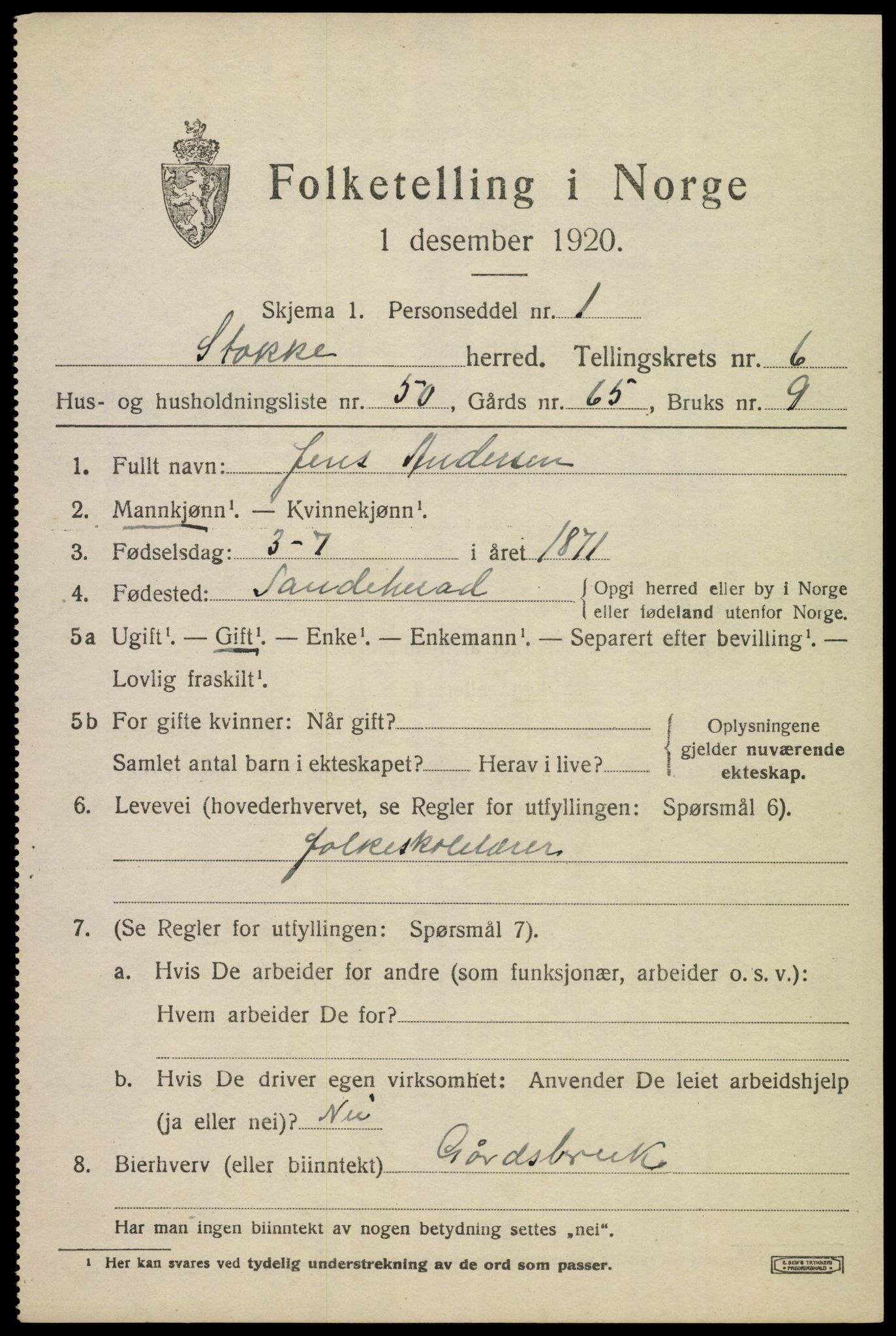 SAKO, 1920 census for Stokke, 1920, p. 7848