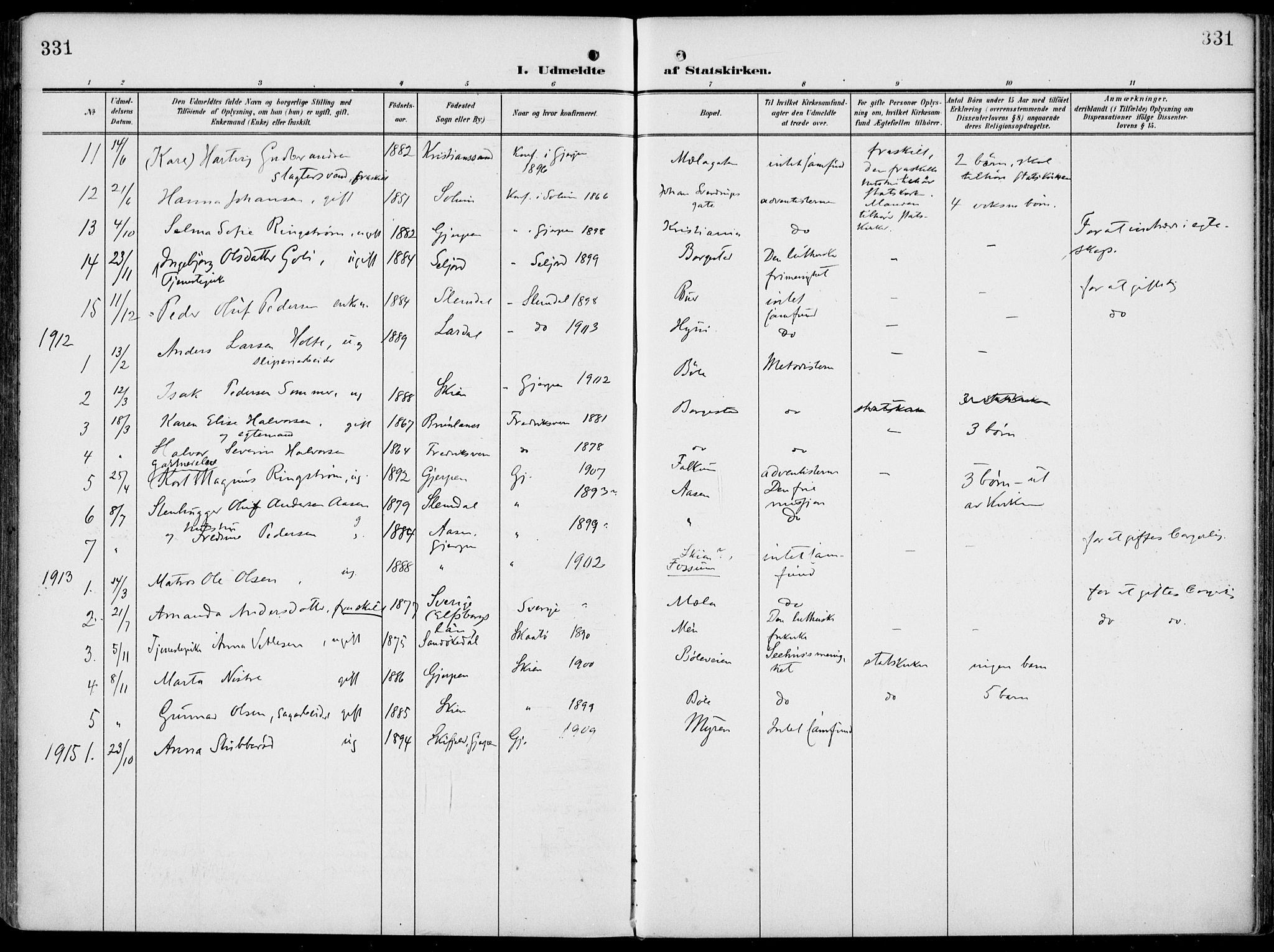 Gjerpen kirkebøker, SAKO/A-265/F/Fa/L0012: Parish register (official) no. I 12, 1905-1913, p. 331