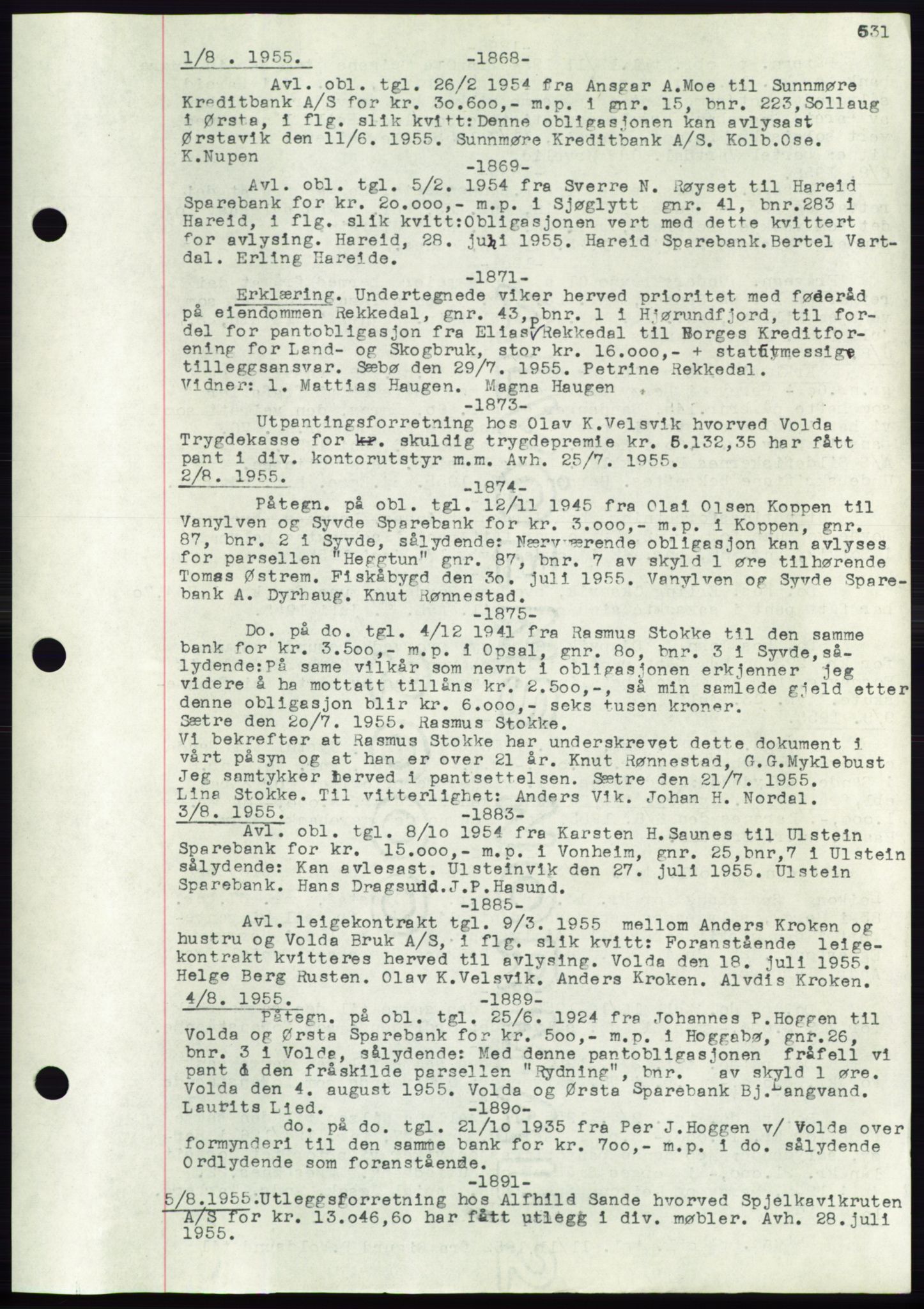 Søre Sunnmøre sorenskriveri, AV/SAT-A-4122/1/2/2C/L0072: Mortgage book no. 66, 1941-1955, Diary no: : 1868/1955