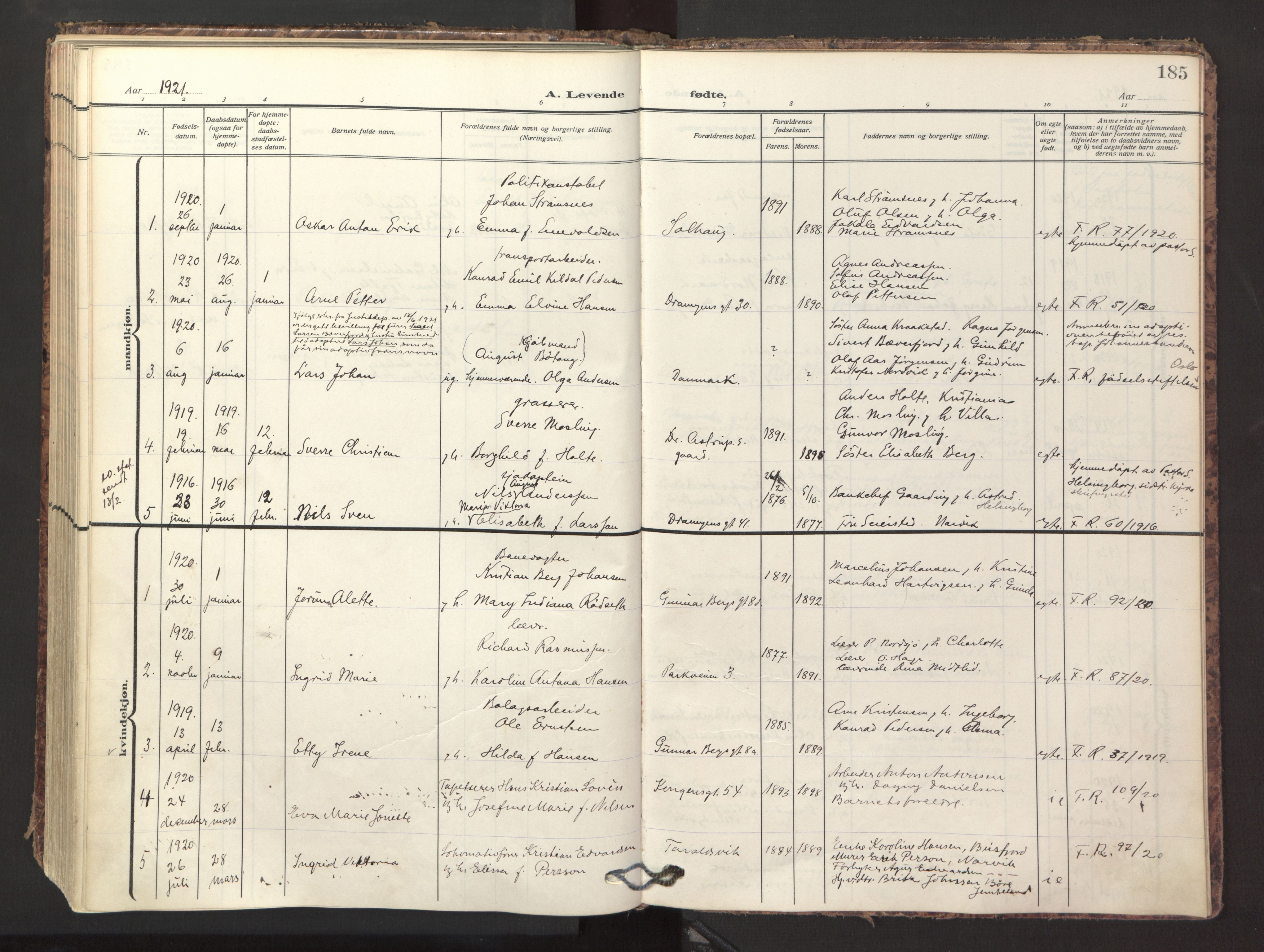 Ministerialprotokoller, klokkerbøker og fødselsregistre - Nordland, AV/SAT-A-1459/871/L1001: Parish register (official) no. 871A17, 1911-1921, p. 185