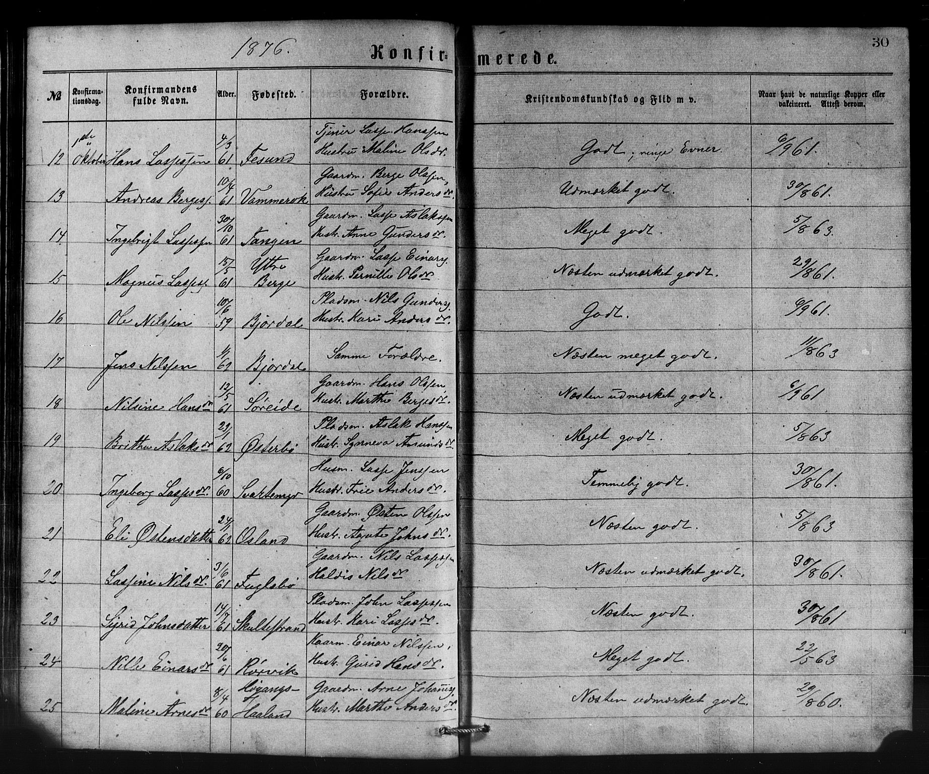 Lavik sokneprestembete, AV/SAB-A-80901: Parish register (copy) no. B 2, 1870-1881, p. 30