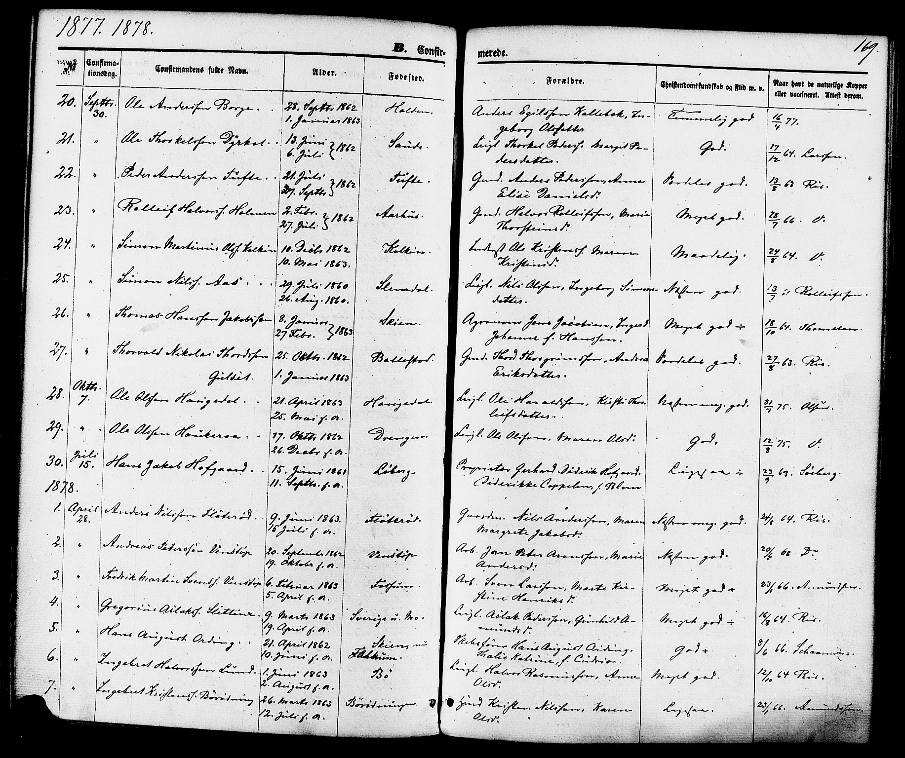 Gjerpen kirkebøker, SAKO/A-265/F/Fa/L0009: Parish register (official) no. I 9, 1872-1885, p. 169