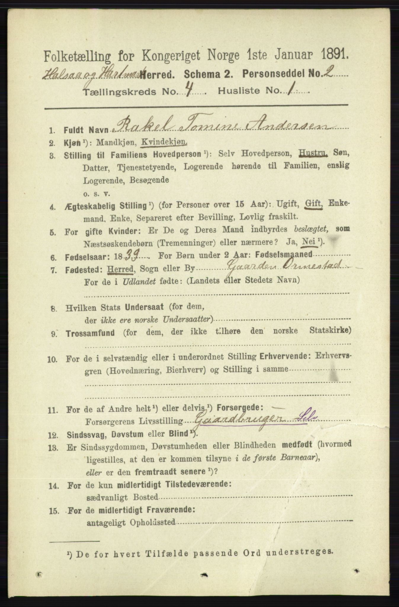 RA, 1891 census for 1019 Halse og Harkmark, 1891, p. 1493