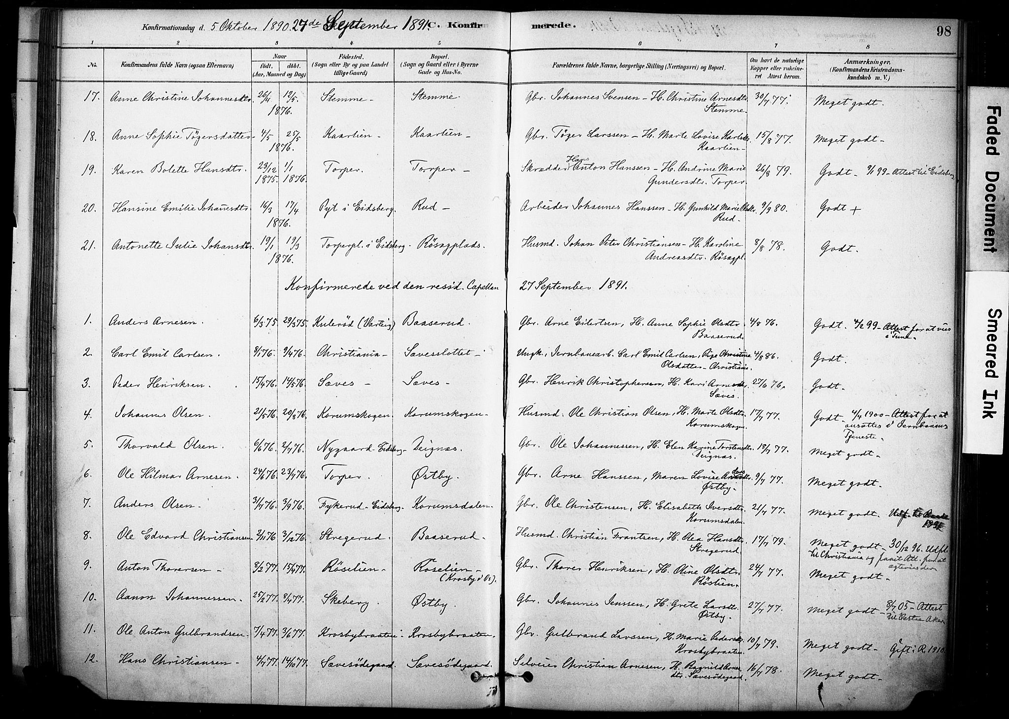 Rakkestad prestekontor Kirkebøker, SAO/A-2008/F/Fc/L0001: Parish register (official) no. III 1, 1878-1905, p. 98