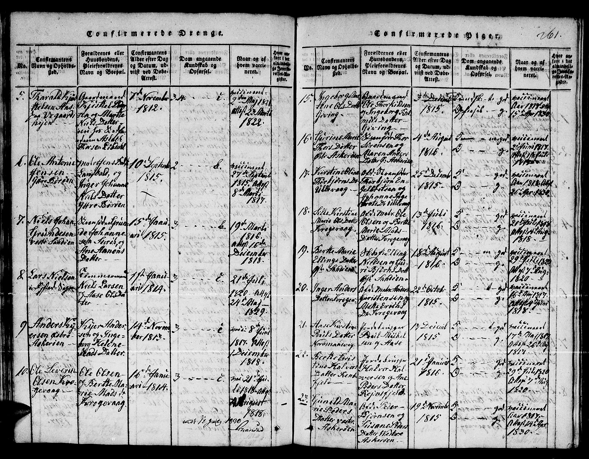 Dypvåg sokneprestkontor, SAK/1111-0007/F/Fb/Fba/L0009: Parish register (copy) no. B 9, 1816-1842, p. 261