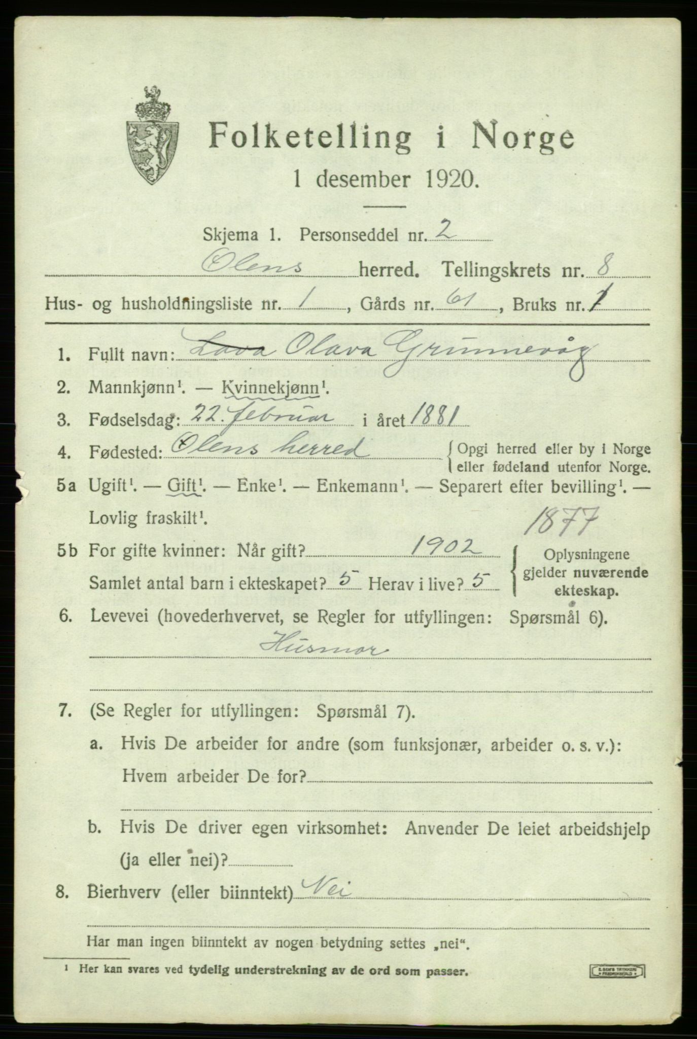 SAB, 1920 census for Ølen, 1920, p. 3397