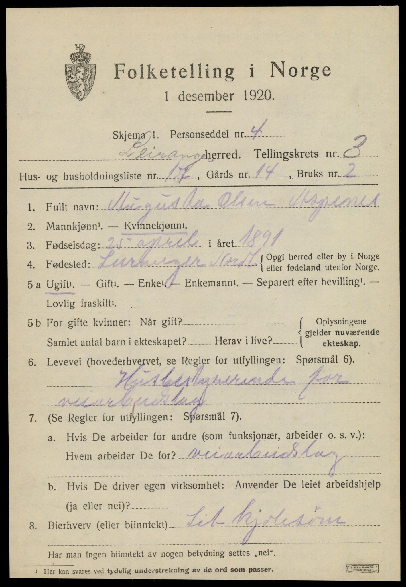 SAT, 1920 census for Leiranger, 1920, p. 1519