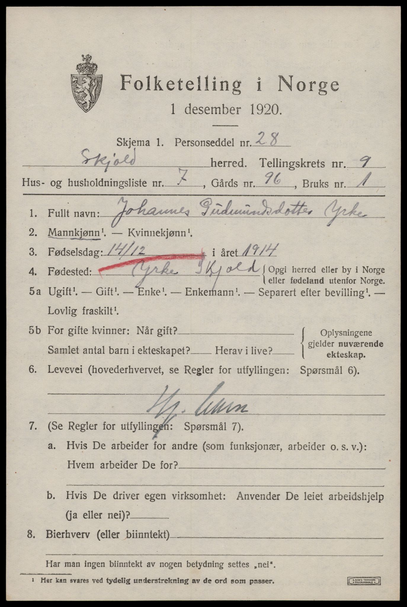 SAST, 1920 census for Skjold, 1920, p. 4440