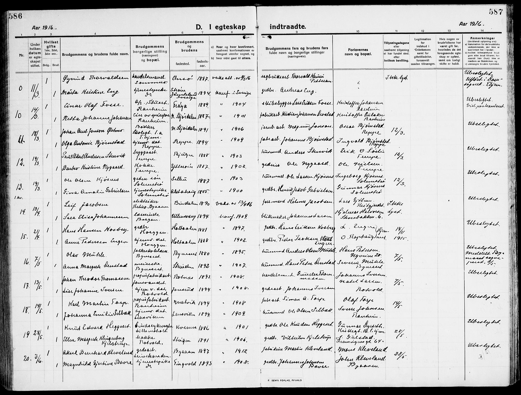 Ministerialprotokoller, klokkerbøker og fødselsregistre - Sør-Trøndelag, SAT/A-1456/607/L0321: Parish register (official) no. 607A05, 1916-1935, p. 586-587