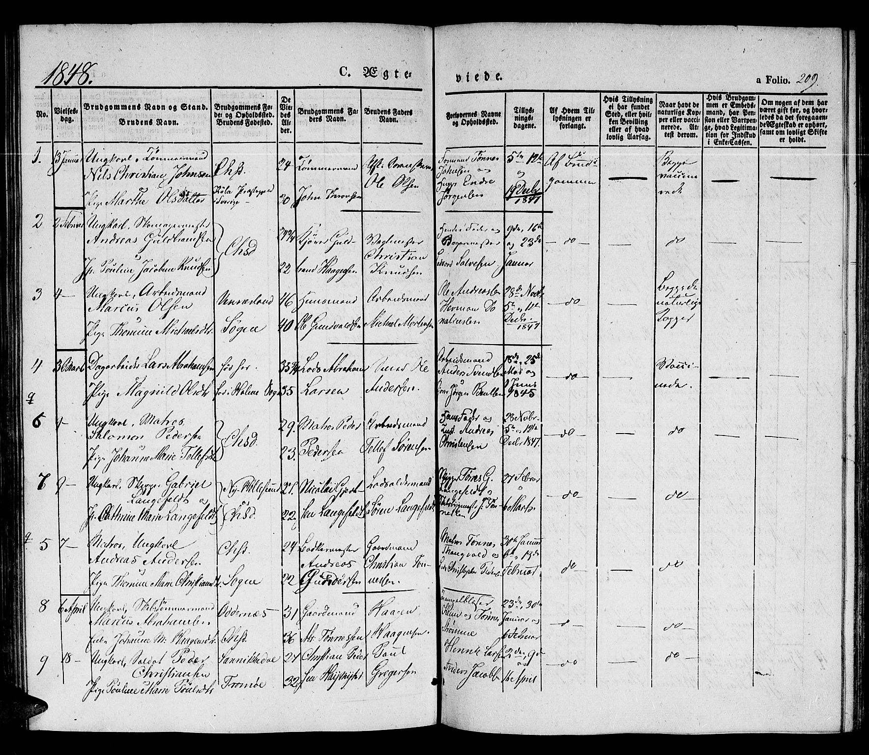 Kristiansand domprosti, AV/SAK-1112-0006/F/Fb/L0010: Parish register (copy) no. B 10, 1843-1850, p. 209