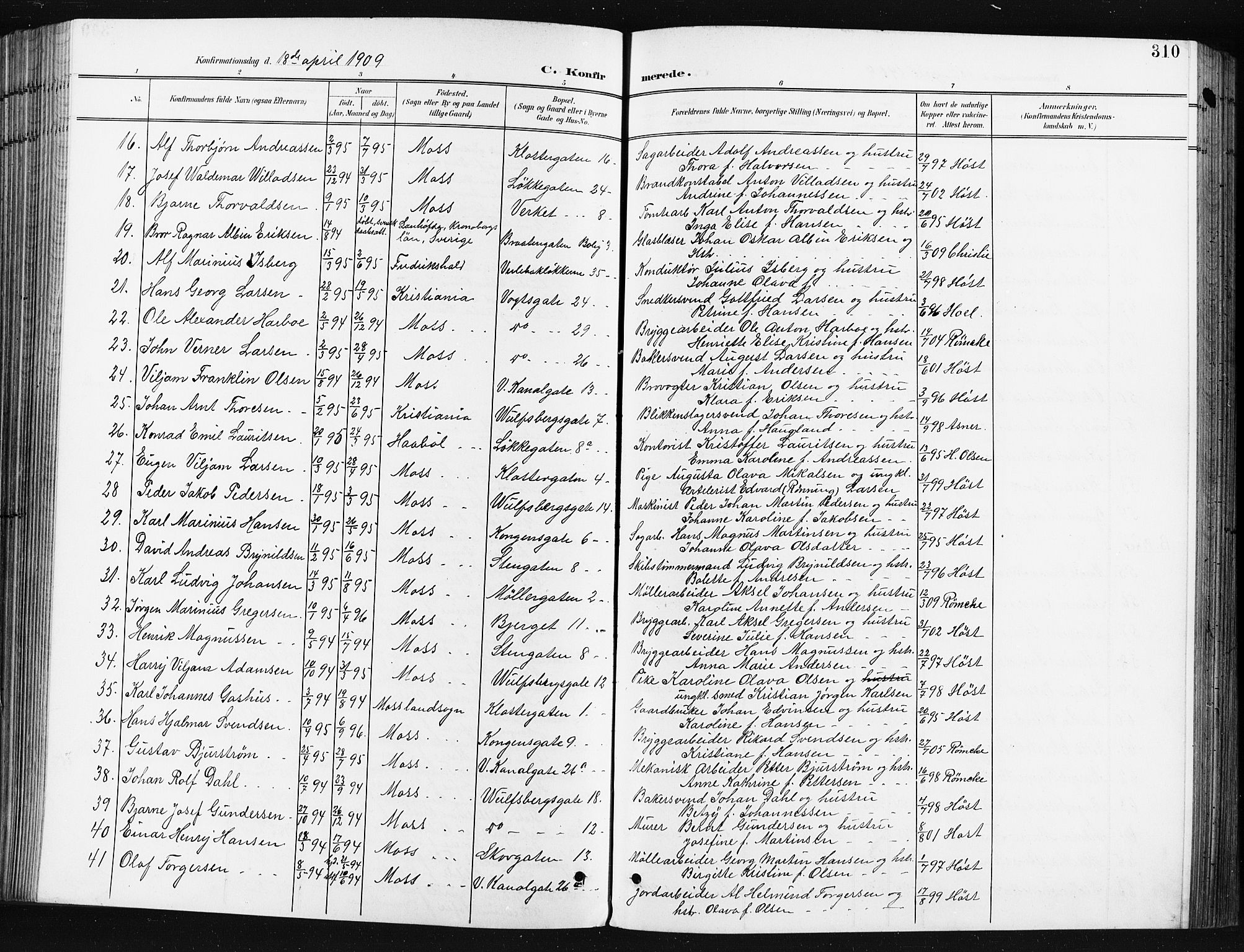 Moss prestekontor Kirkebøker, SAO/A-2003/G/Ga/L0007: Parish register (copy) no. I 7, 1901-1912, p. 310