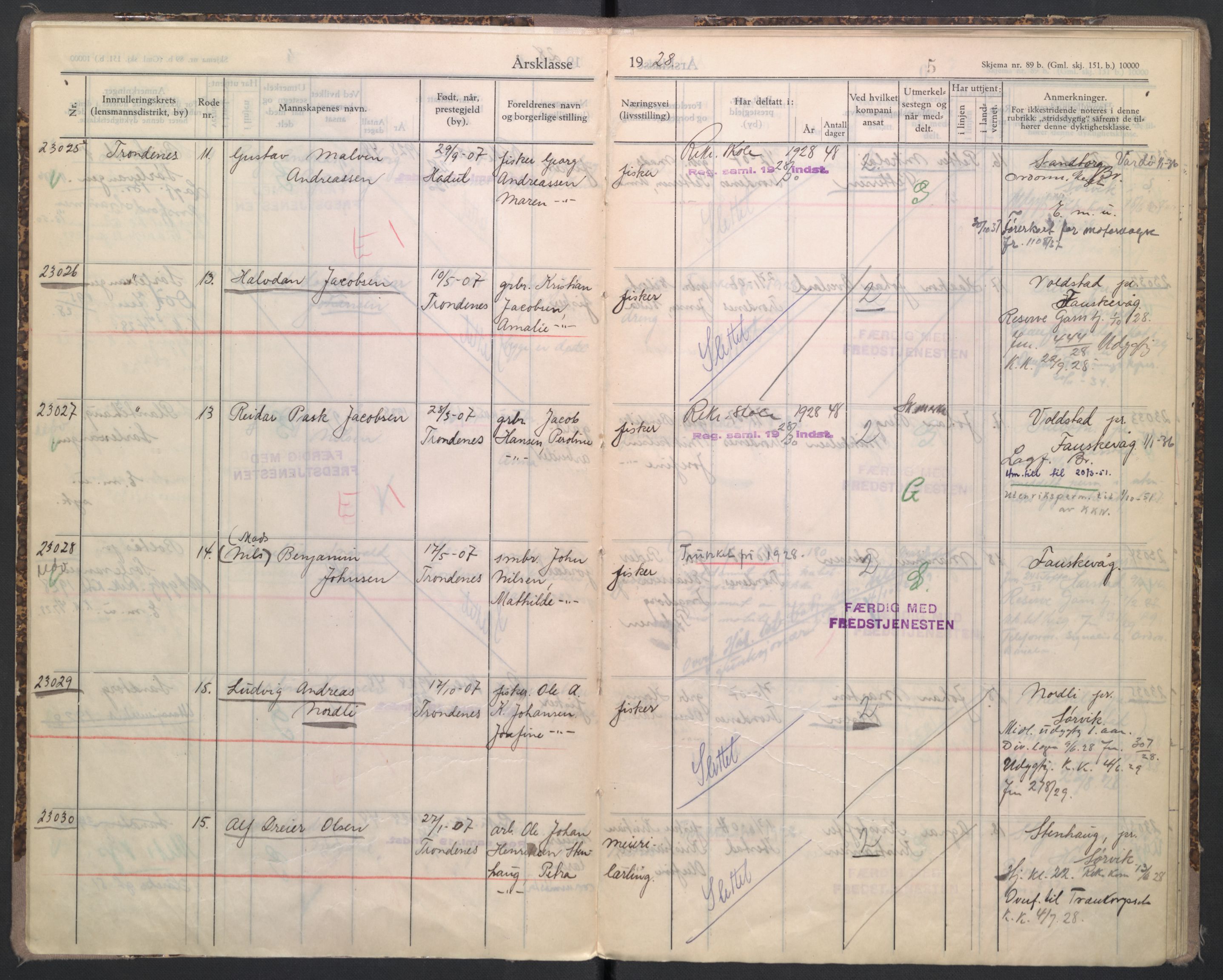 Forsvaret, Troms infanteriregiment nr. 16, AV/RA-RAFA-3146/P/Pa/L0004/0006: Ruller / Rulle for Trondenes bataljons menige mannskaper, årsklasse 1928, 1928, p. 5