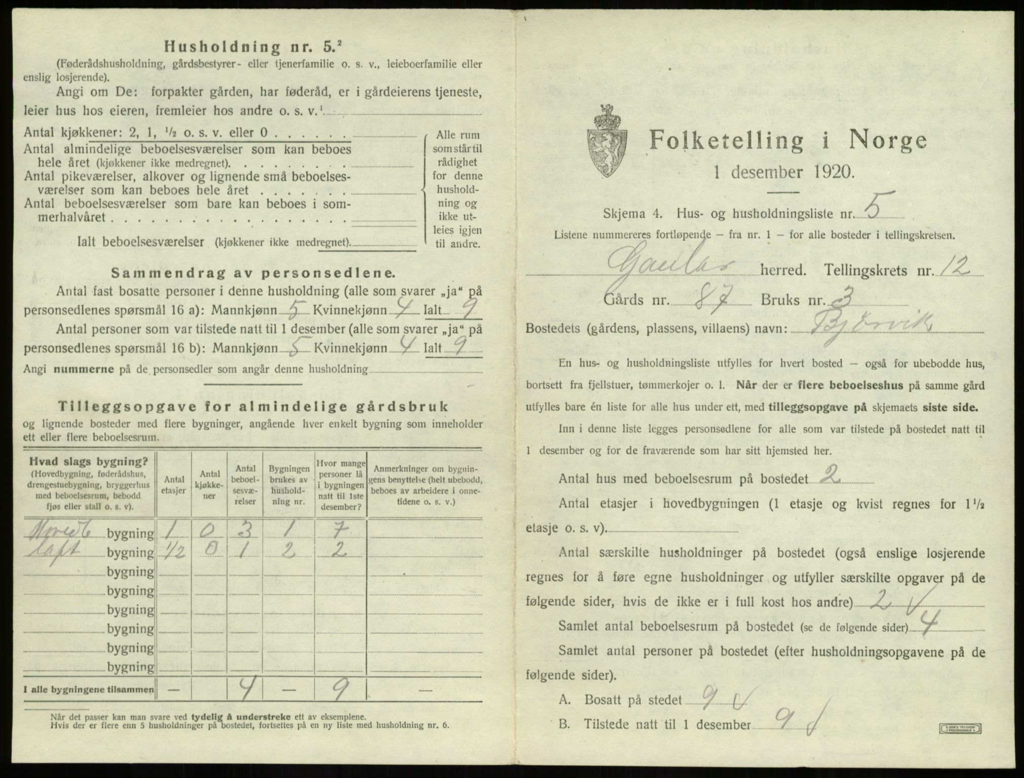 SAB, 1920 census for Gaular, 1920, p. 901