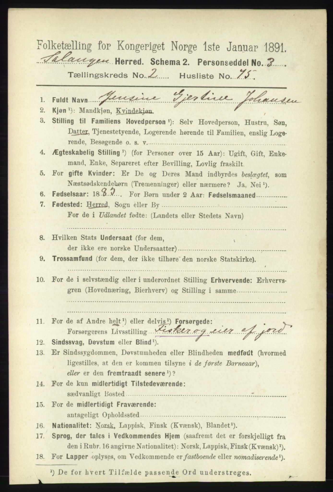 RA, 1891 census for 1921 Salangen, 1891, p. 1129