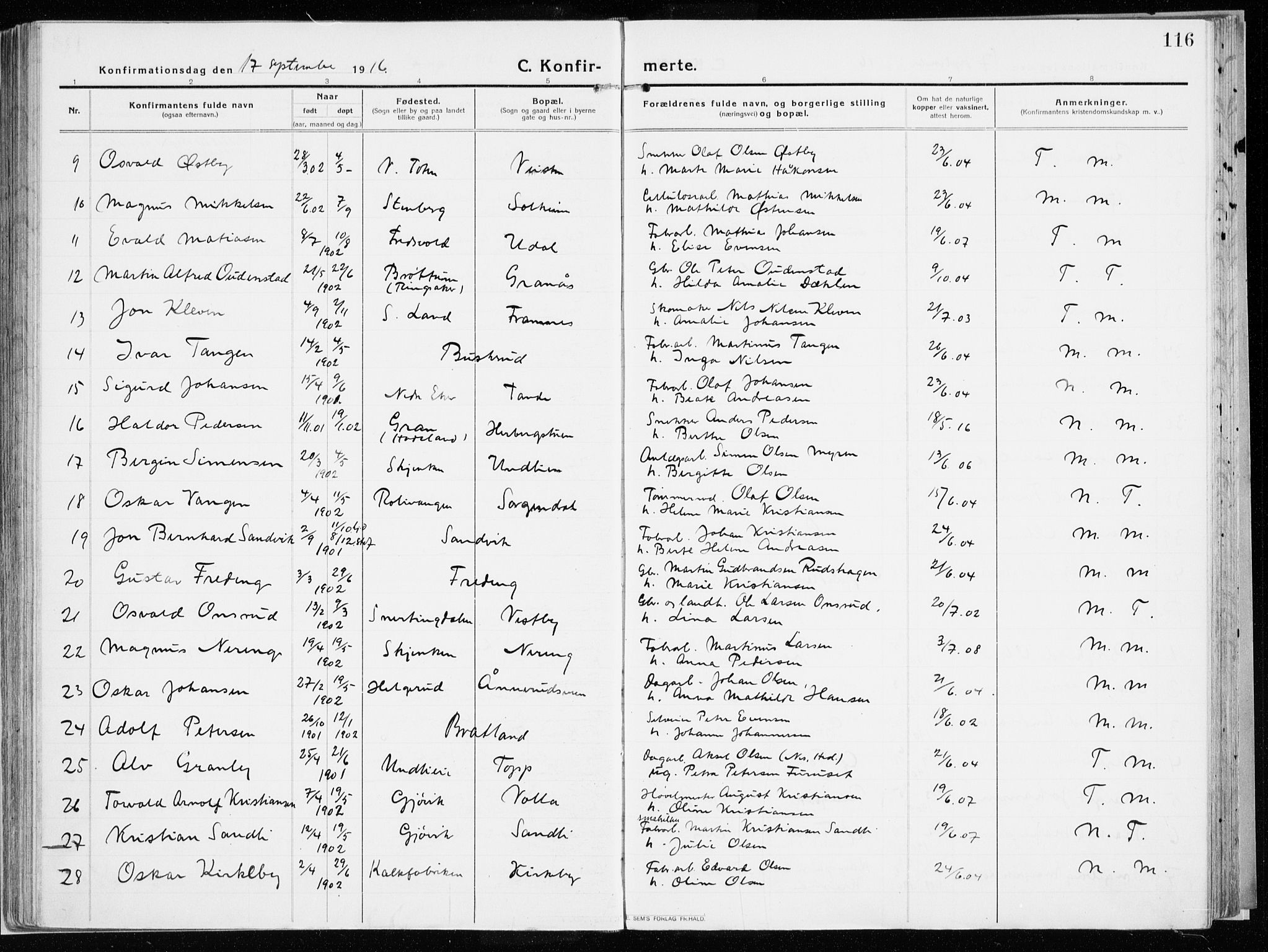Vardal prestekontor, AV/SAH-PREST-100/H/Ha/Haa/L0017: Parish register (official) no. 17, 1915-1929, p. 116