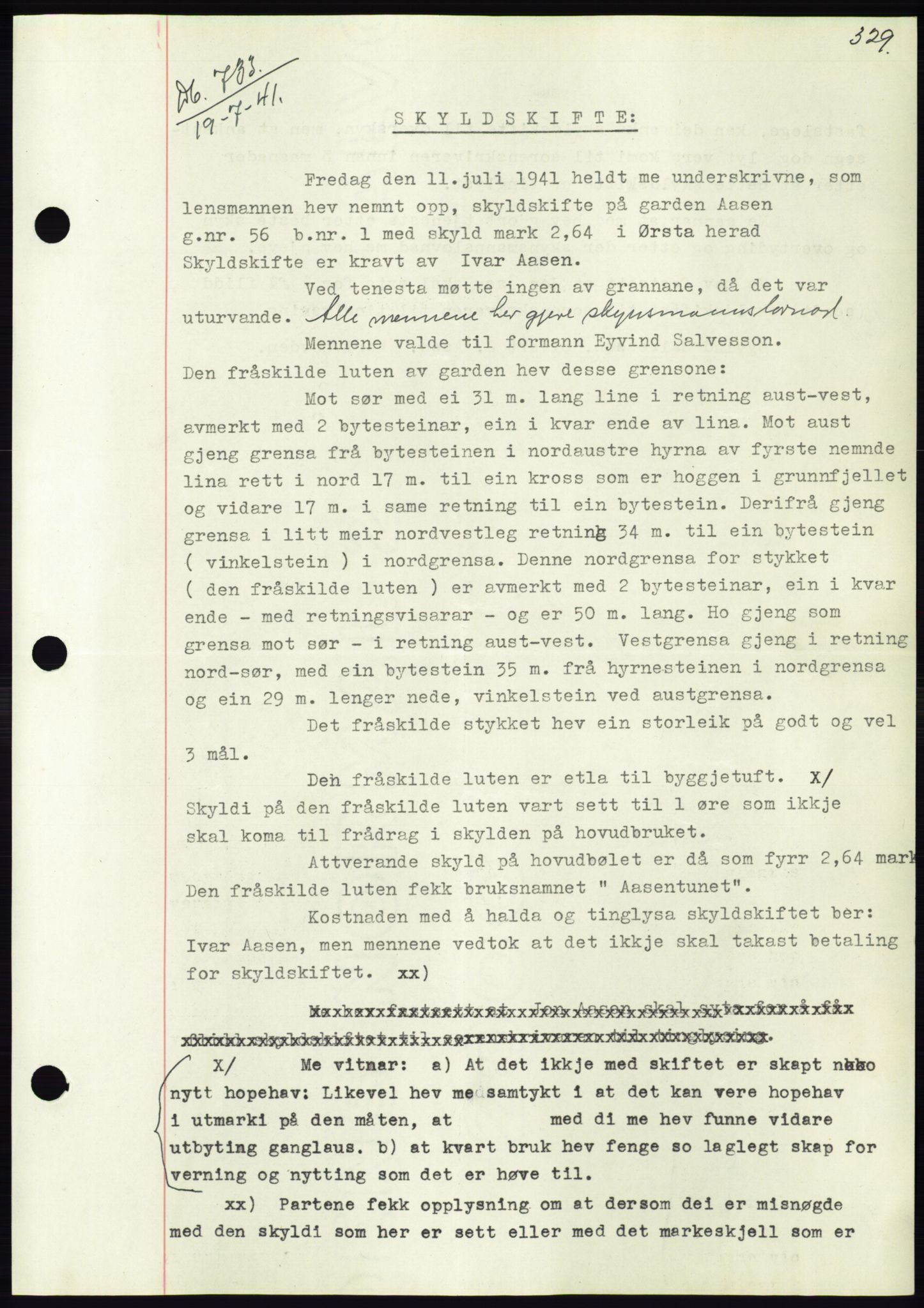 Søre Sunnmøre sorenskriveri, AV/SAT-A-4122/1/2/2C/L0071: Mortgage book no. 65, 1941-1941, Diary no: : 733/1941