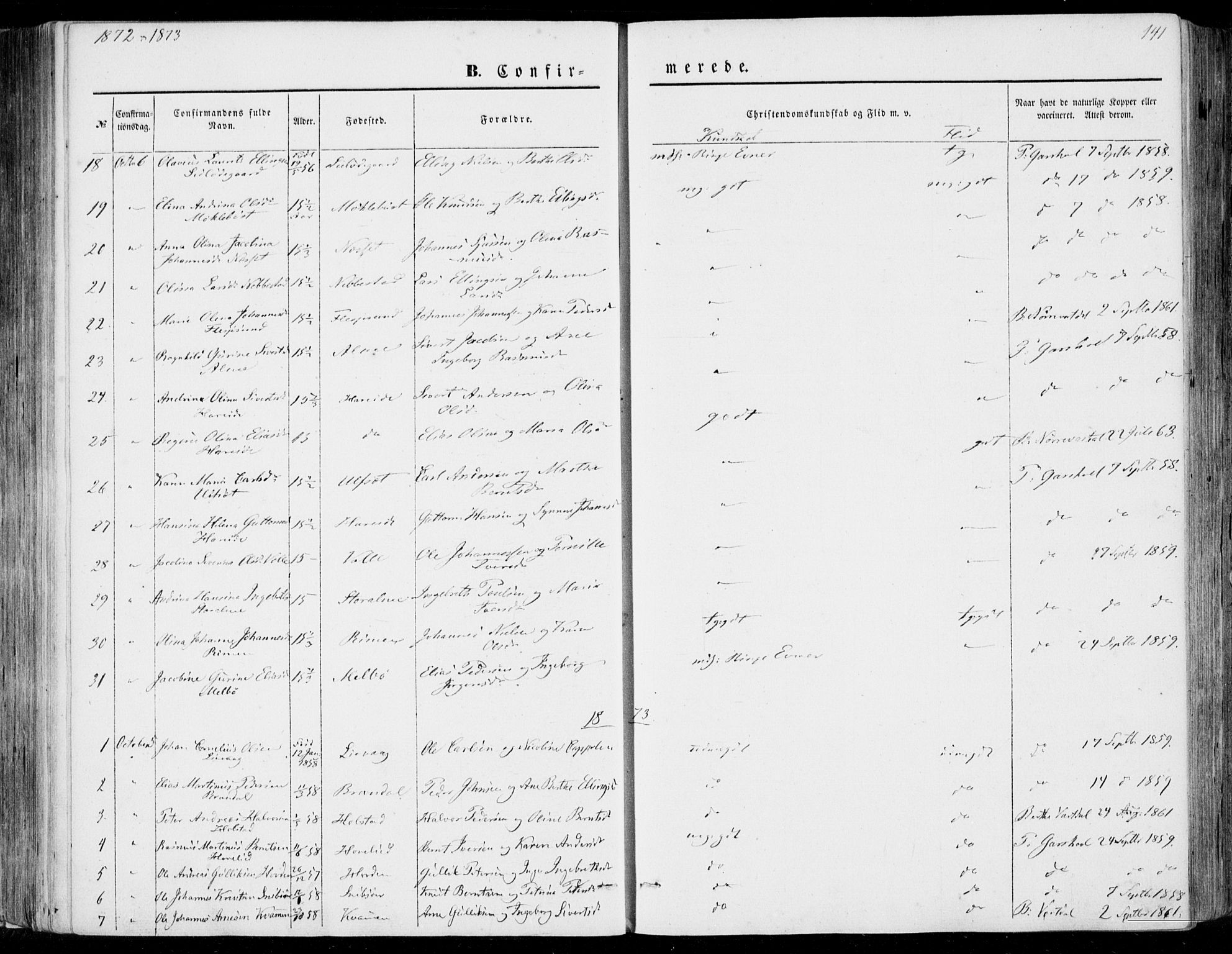 Ministerialprotokoller, klokkerbøker og fødselsregistre - Møre og Romsdal, SAT/A-1454/510/L0121: Parish register (official) no. 510A01, 1848-1877, p. 141