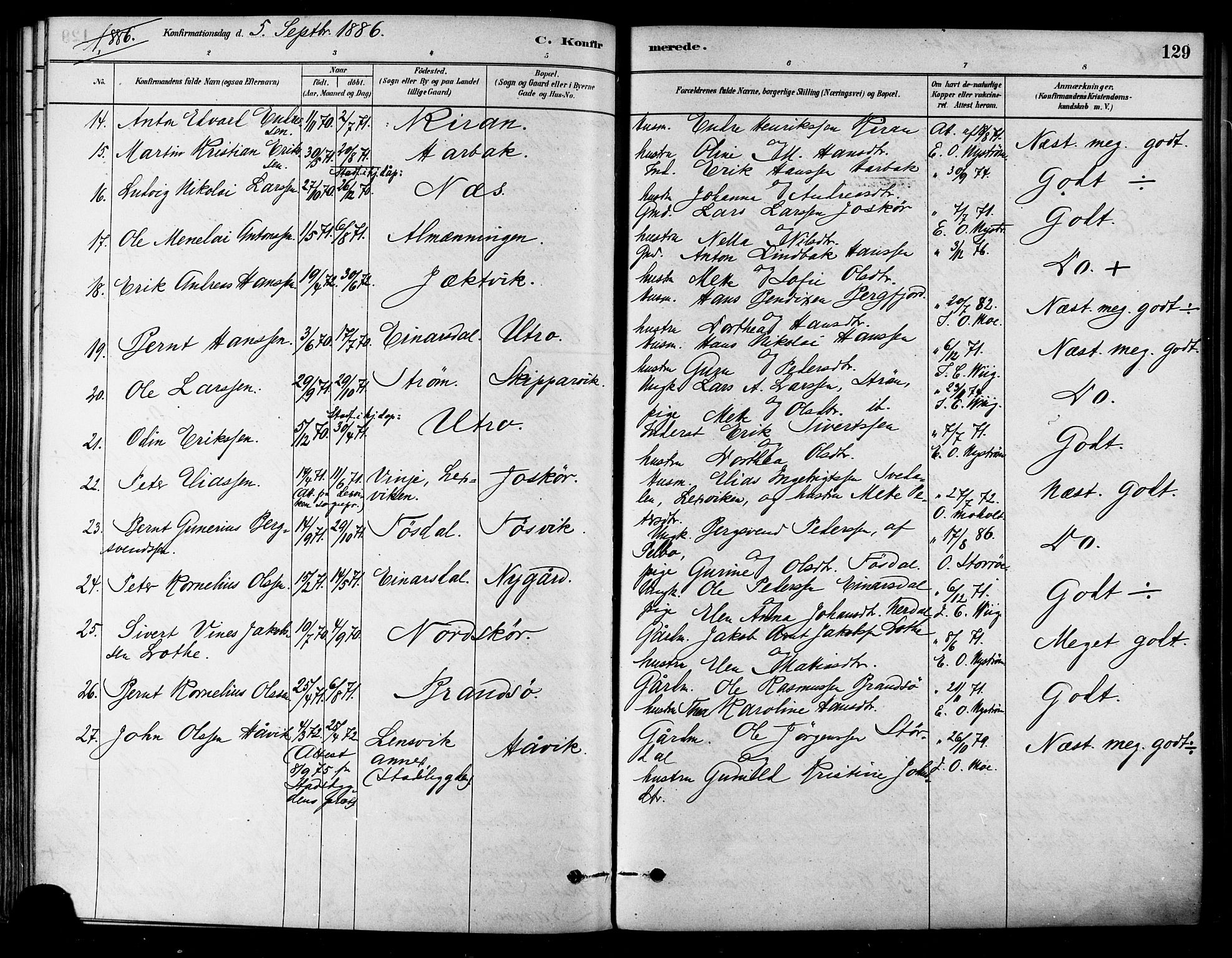 Ministerialprotokoller, klokkerbøker og fødselsregistre - Sør-Trøndelag, SAT/A-1456/657/L0707: Parish register (official) no. 657A08, 1879-1893, p. 129
