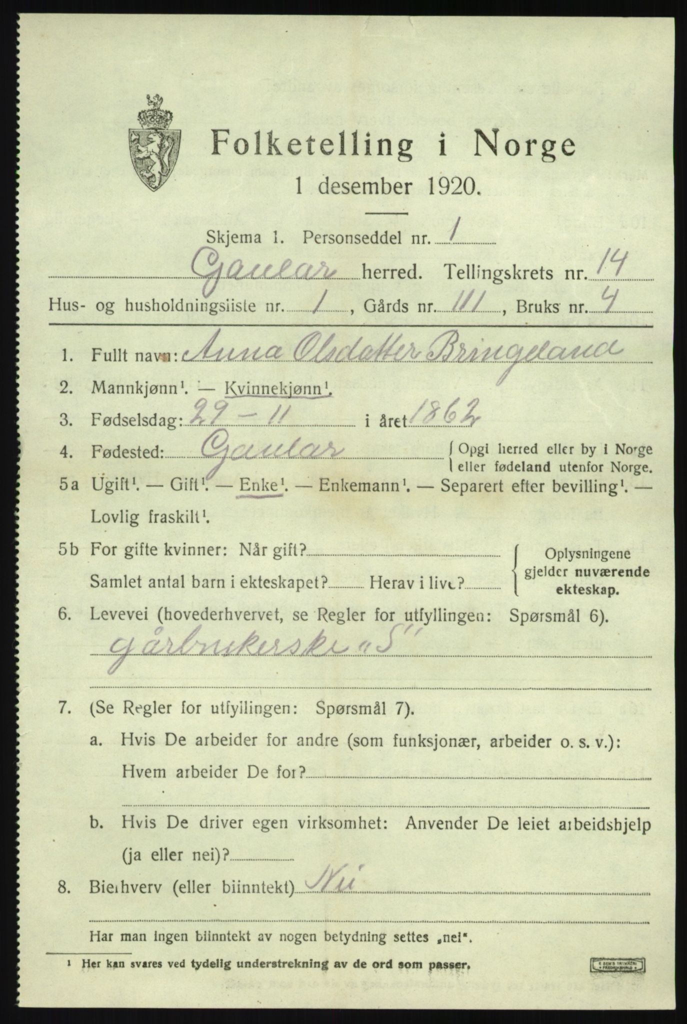 SAB, 1920 census for Gaular, 1920, p. 6370